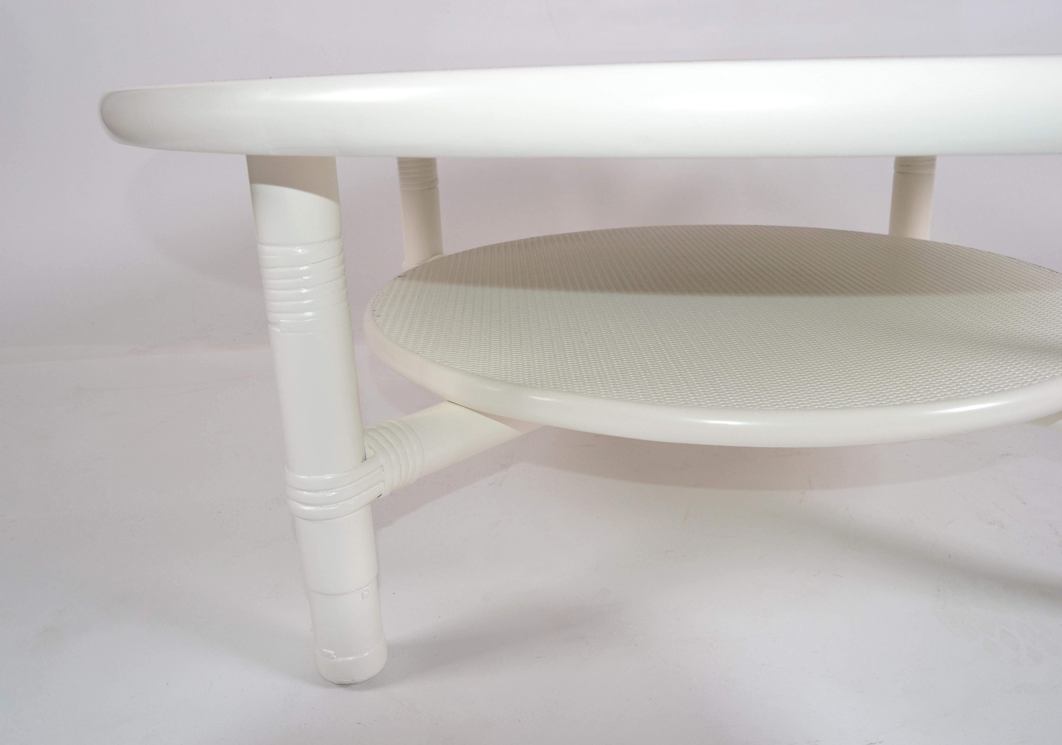 Painted White Bamboo Rattan & Enamel 2-Tier Round Coffee Table Mid-Century Modern 1970s For Sale