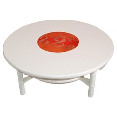 White Bamboo Rattan & Enamel 2-Tier Round Coffee Table Mid-Century Modern 1970s