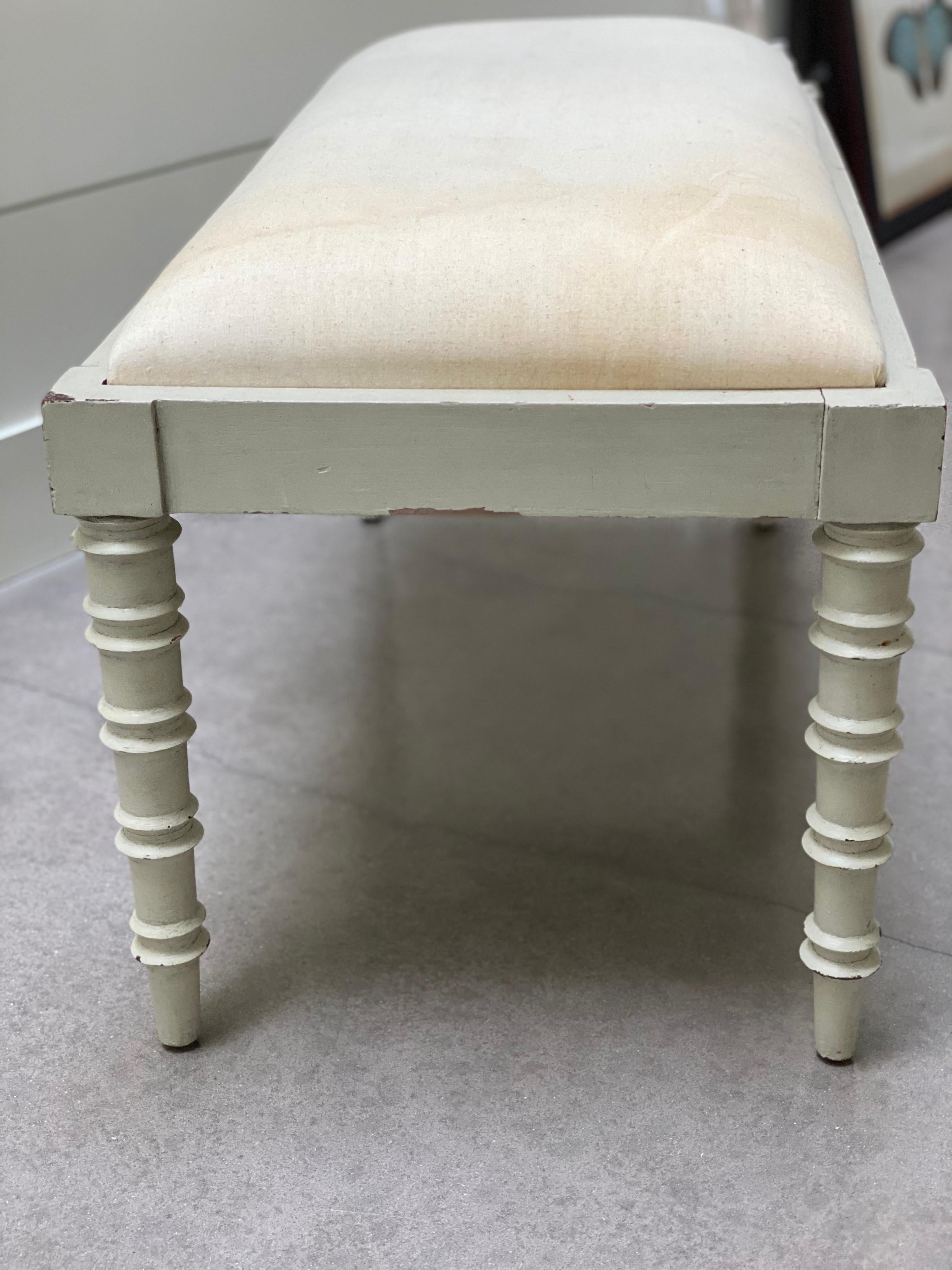 Painted White Bamboo Style Bench in Robert Kime Oak Leaf Fabric