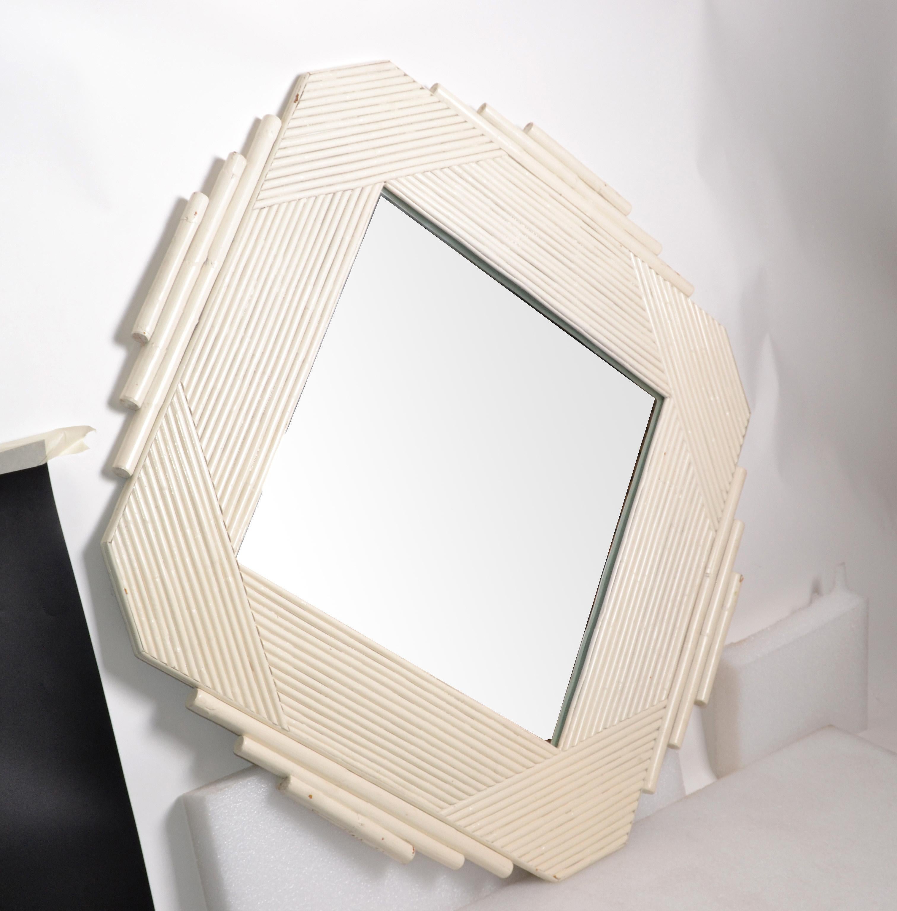 American Coastal Bohemian White Bamboo & Wood Geometric Wall Mirror Mid-Century Modern   For Sale