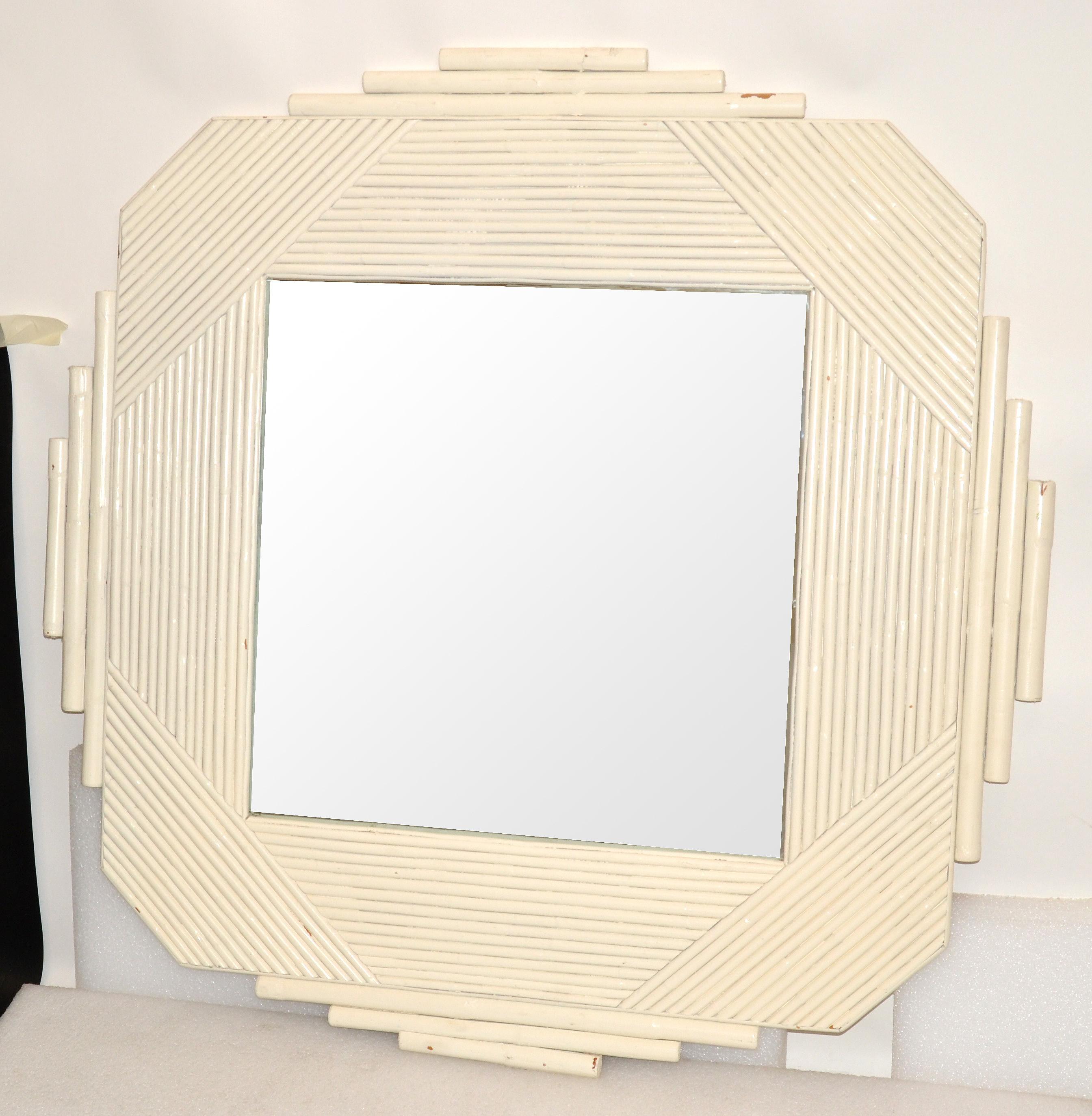 Hand-Crafted Coastal Bohemian White Bamboo & Wood Geometric Wall Mirror Mid-Century Modern   For Sale