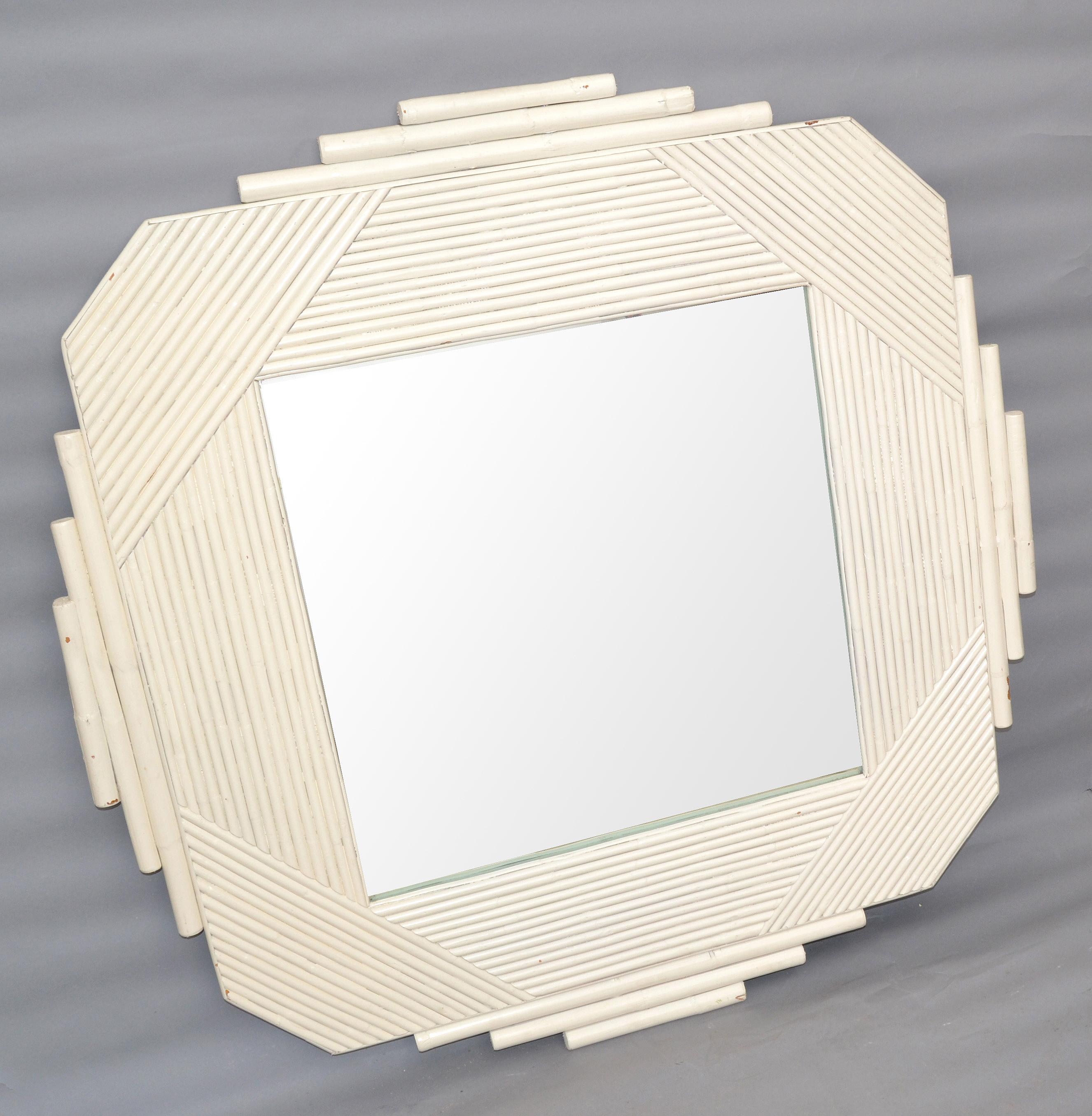 Coastal Bohemian White Bamboo & Wood Geometric Wall Mirror Mid-Century Modern   In Good Condition For Sale In Miami, FL