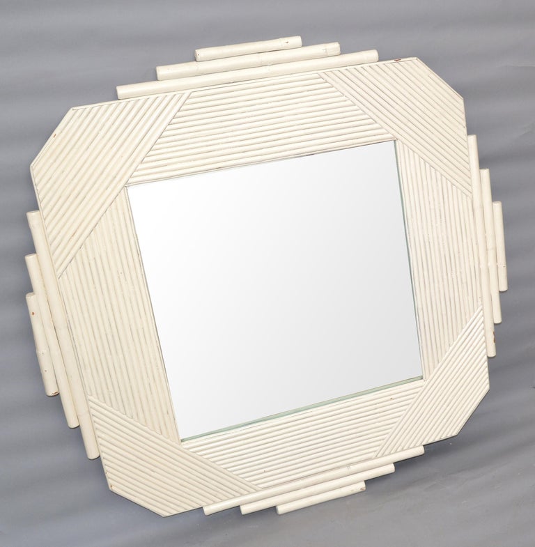 20th Century White Bamboo & Wood Geometric Wall Mirror Mid-Century Modern, 1970 For Sale