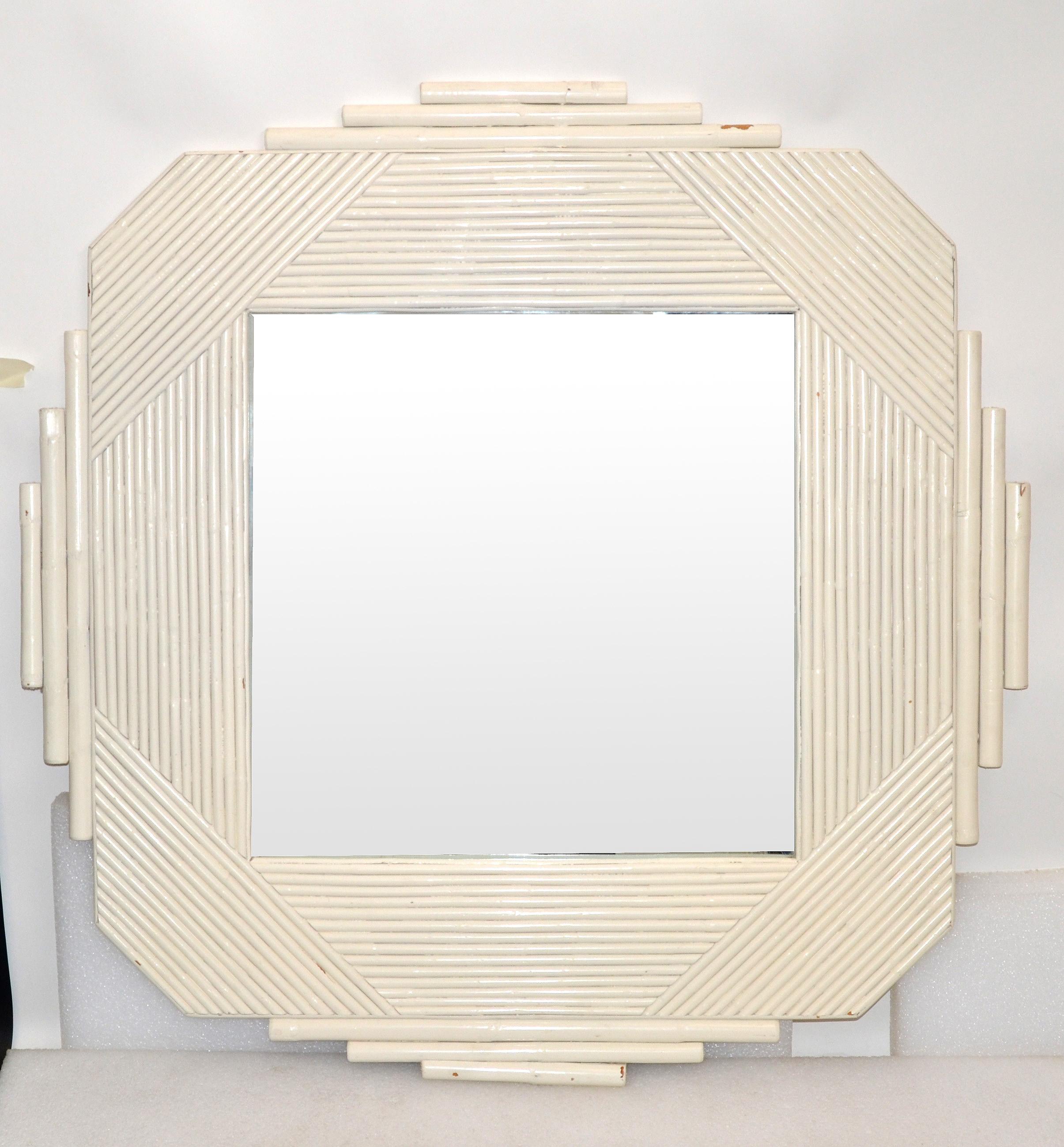 20th Century Coastal Bohemian White Bamboo & Wood Geometric Wall Mirror Mid-Century Modern   For Sale