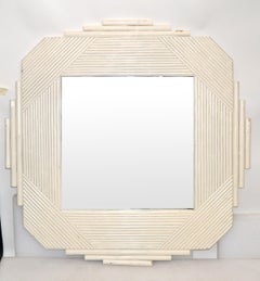 Coastal Bohemian White Bamboo & Wood Geometric Wall Mirror Mid-Century Modern