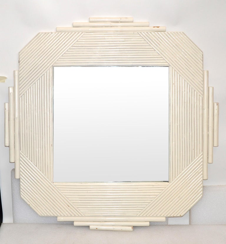 White Bamboo & Wood Geometric Wall Mirror Mid-Century Modern, 1970 For Sale 1