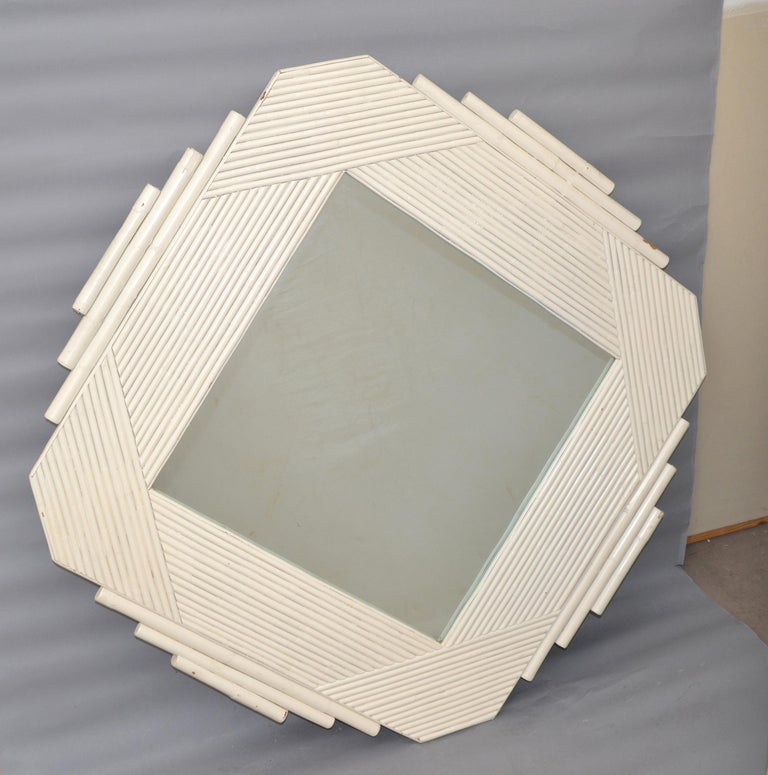 White Bamboo & Wood Geometric Wall Mirror Mid-Century Modern, 1970 For Sale 2