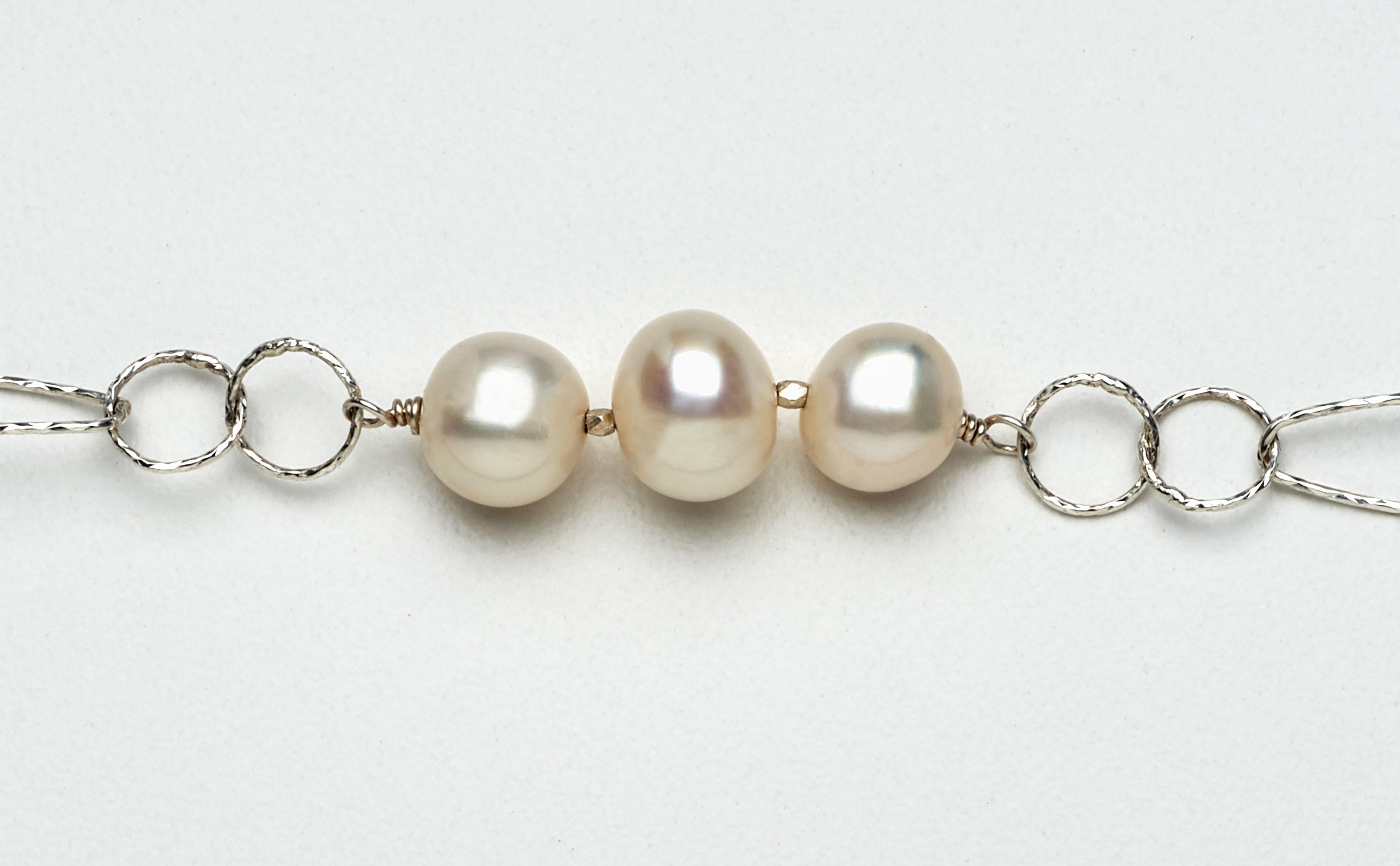 Artisan Button Pearl Sterling Silver Open Link Chain Necklace For Sale