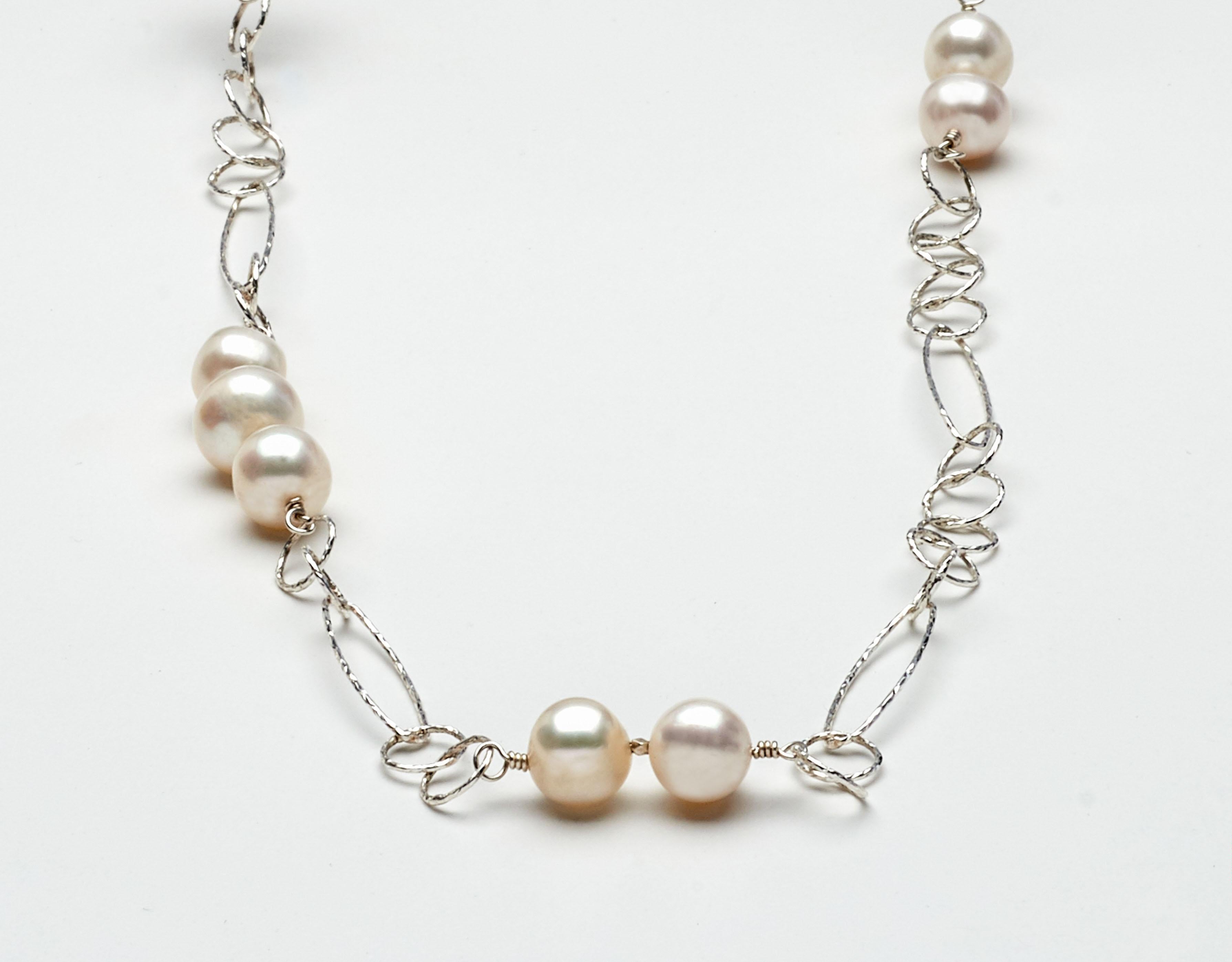 Button Pearl Sterling Silver Open Link Chain Necklace In New Condition For Sale In Mount Kisco, NY