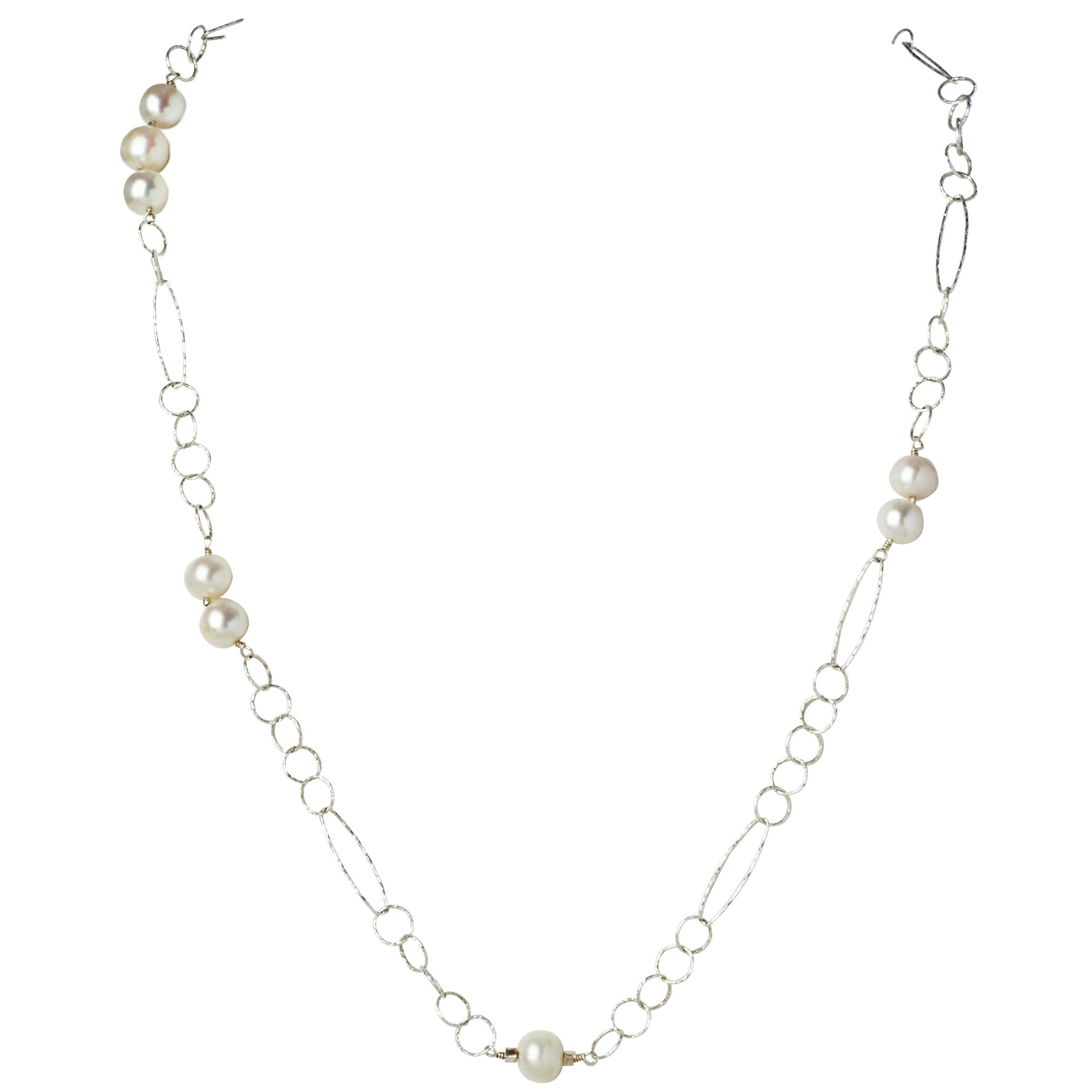 Button Pearl Sterling Silver Open Link Chain Necklace For Sale