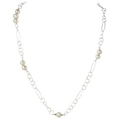Button Pearl Sterling Silver Open Link Chain Necklace