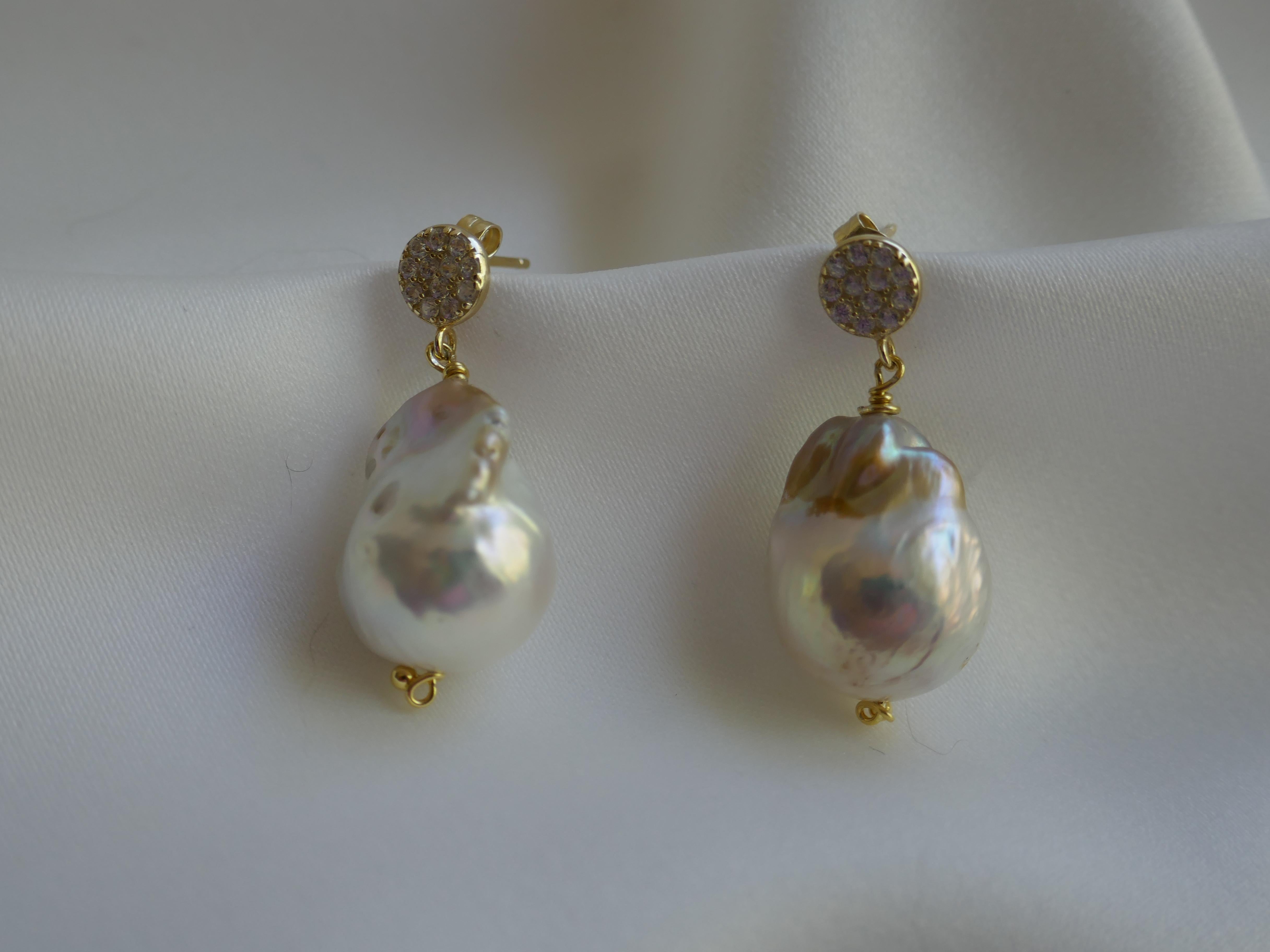 White Baroque Cultured Pearl Cubic Zirconia 925 Vermeil Sterling Silver Earrings In New Condition For Sale In Coral Gables, FL