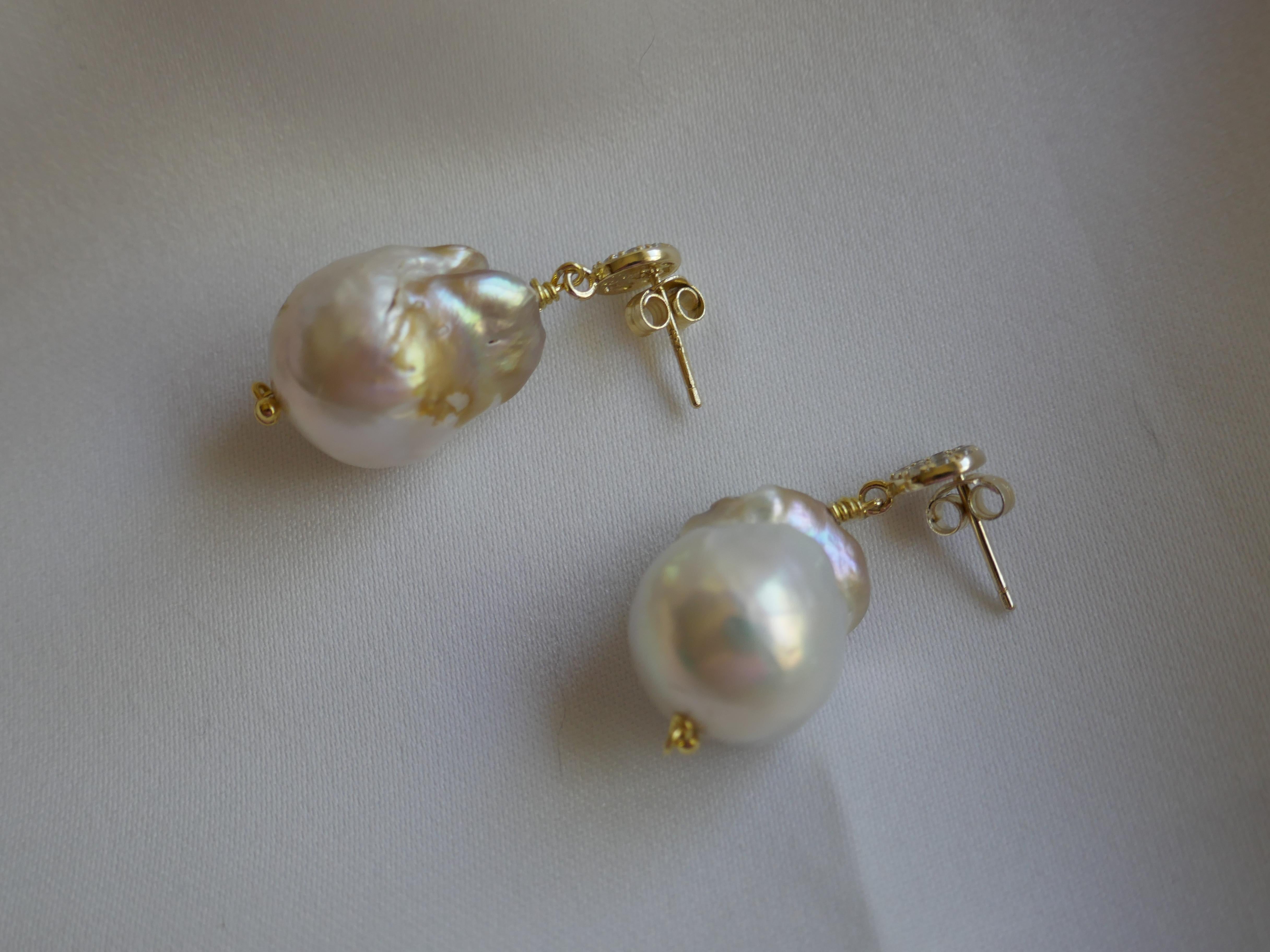 Women's or Men's White Baroque Cultured Pearl Cubic Zirconia 925 Vermeil Sterling Silver Earrings For Sale