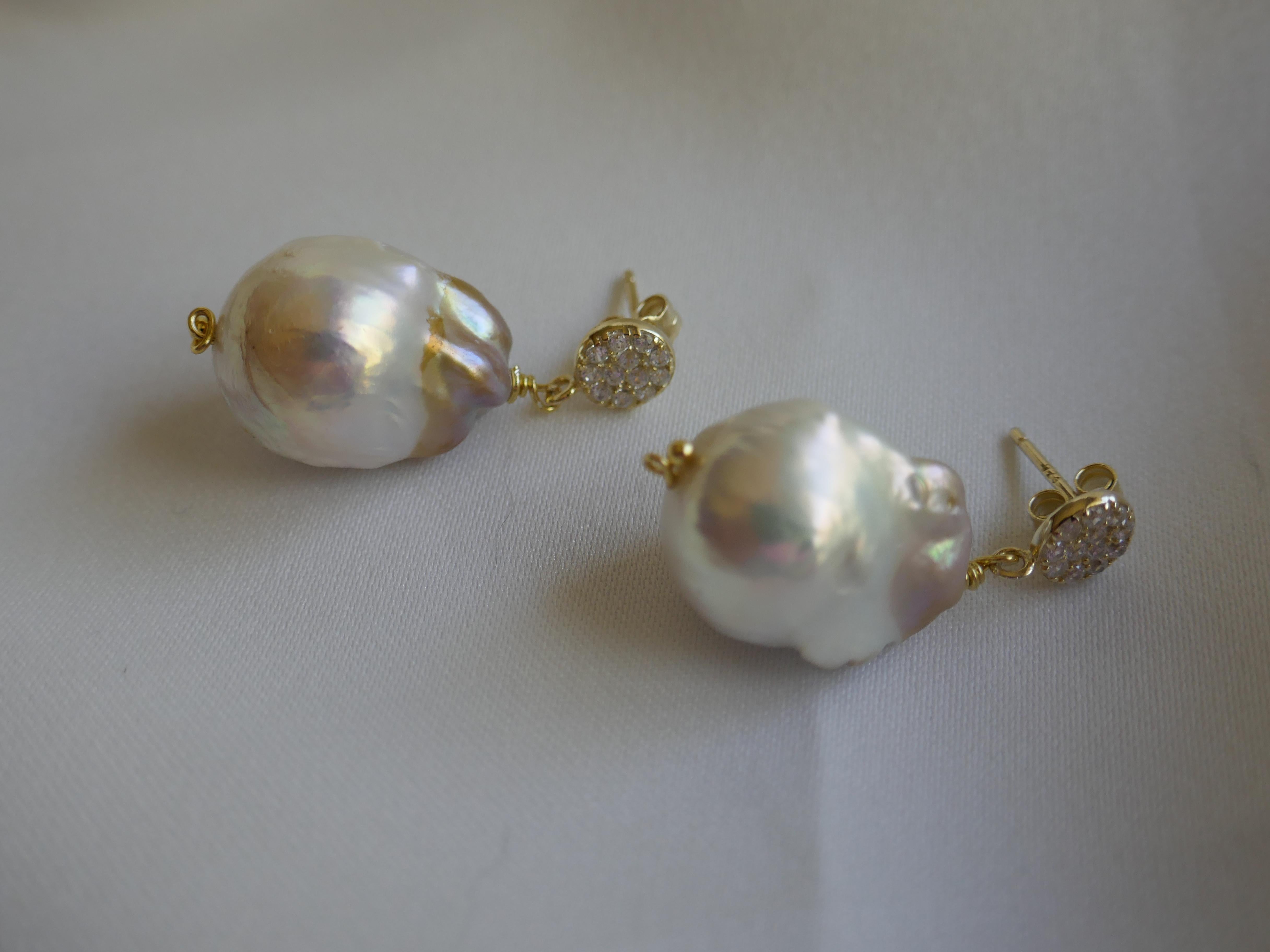 White Baroque Cultured Pearl Cubic Zirconia 925 Vermeil Sterling Silver Earrings For Sale 2