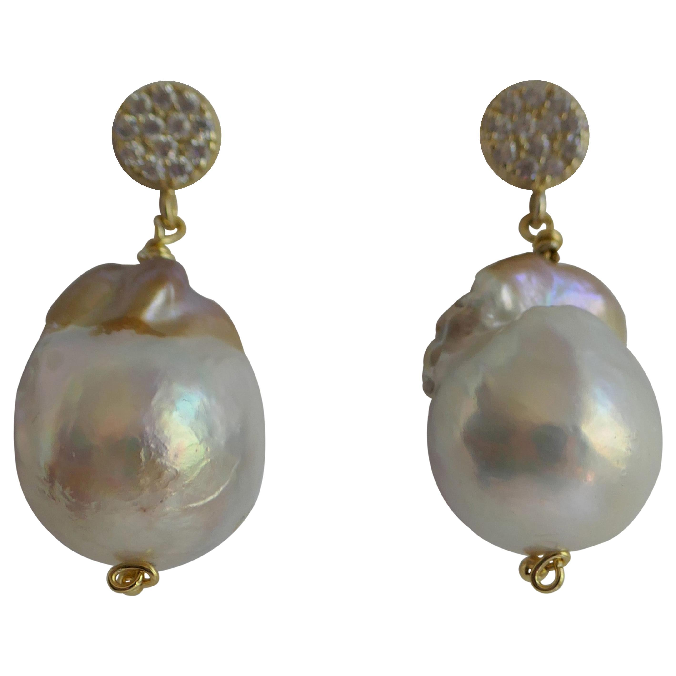 White Baroque Cultured Pearl Cubic Zirconia 925 Vermeil Sterling Silver Earrings For Sale