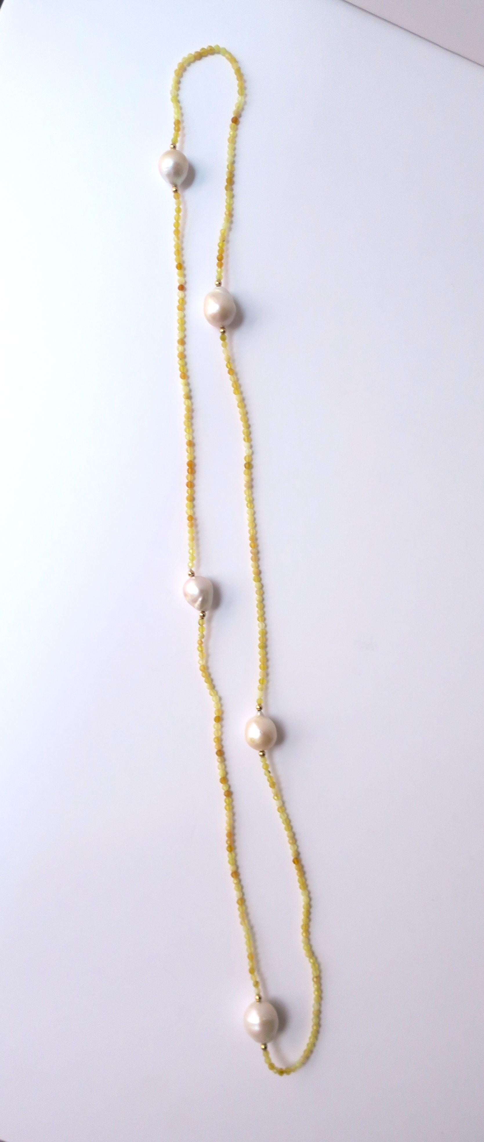 Contemporary White Baroque Freshwater Pearls with 14Kt Gold & Yellow Stone Beads Necklace For Sale