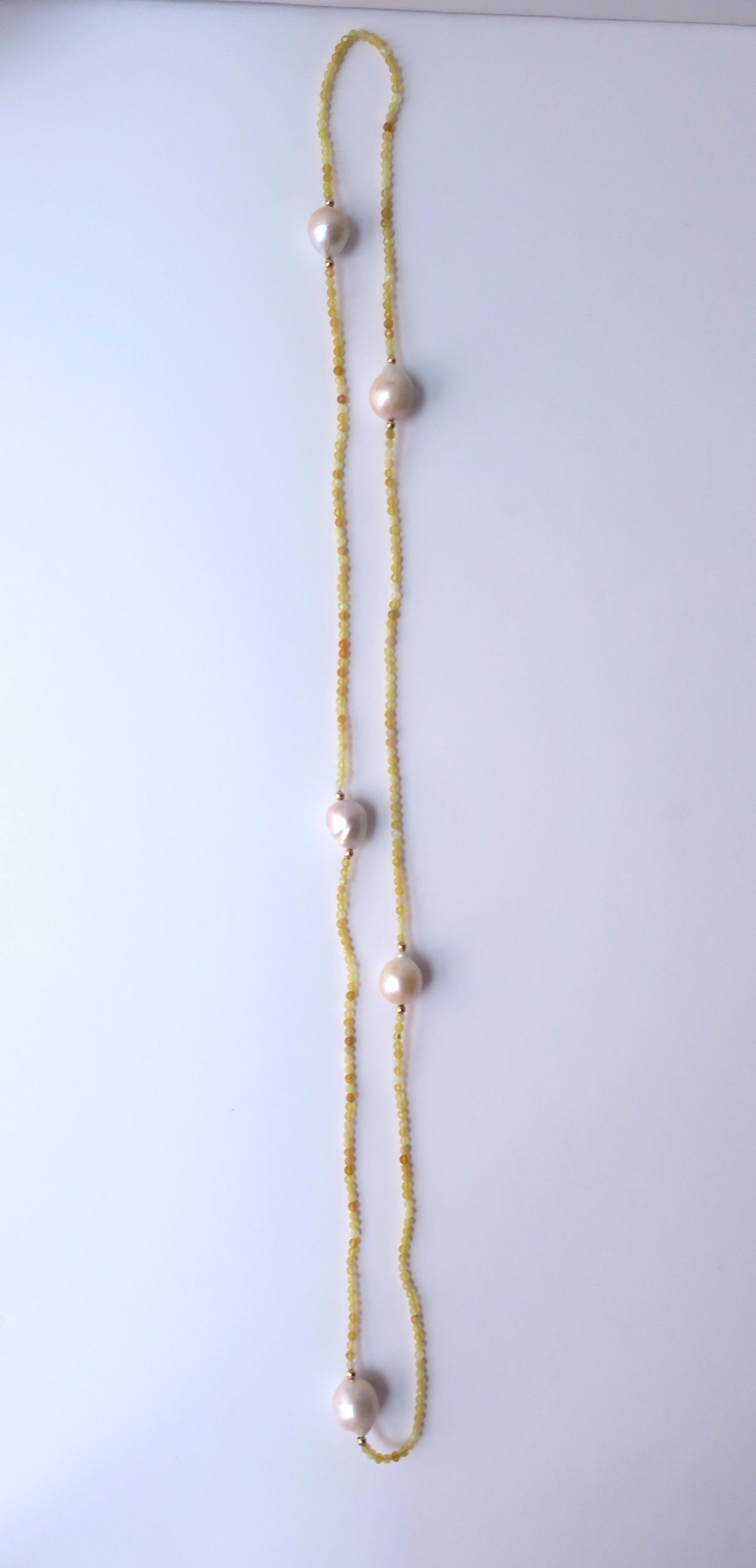 White Baroque Freshwater Pearls with 14Kt Gold & Yellow Stone Beads Necklace In Excellent Condition For Sale In New York, NY