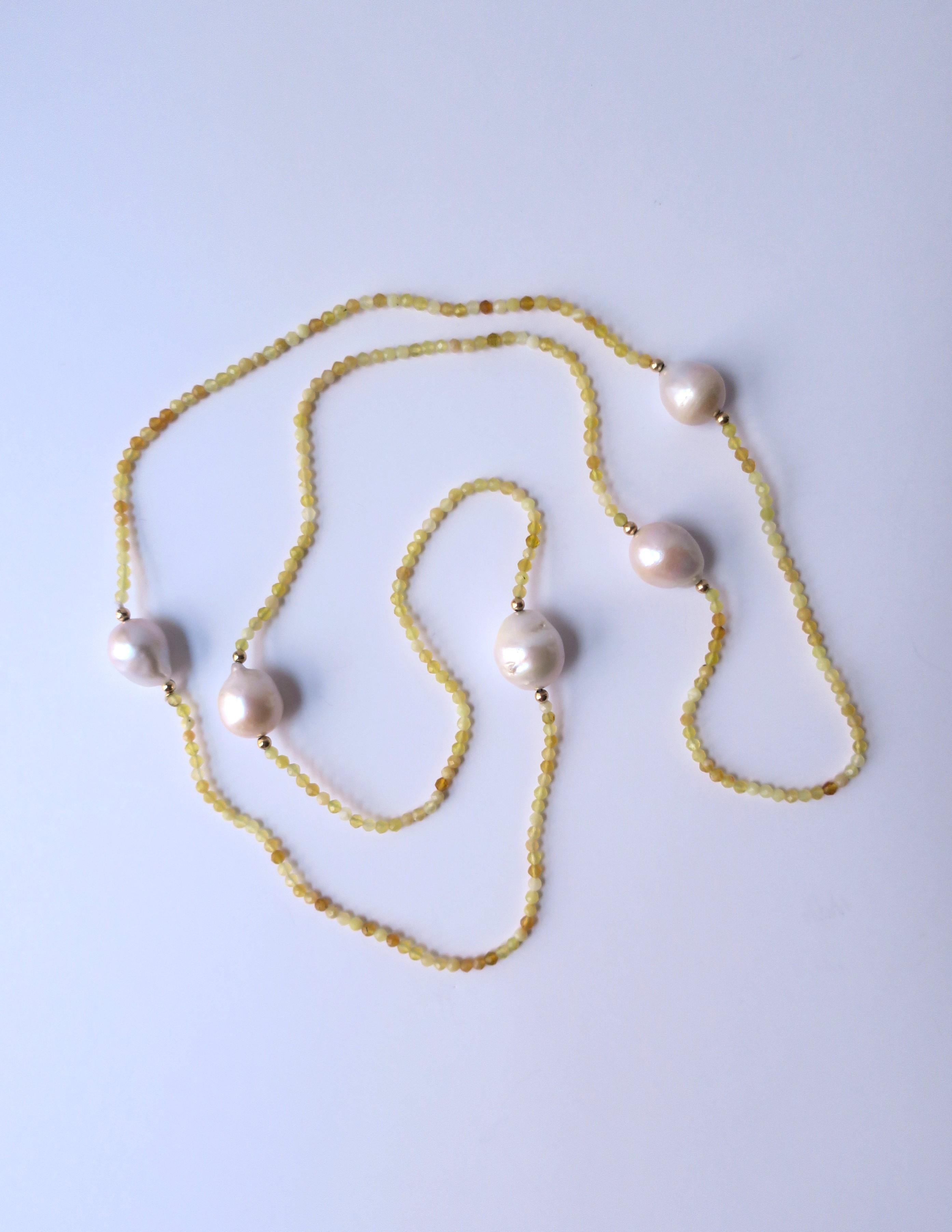 White Baroque Freshwater Pearls with 14Kt Gold & Yellow Stone Beads Necklace For Sale 2