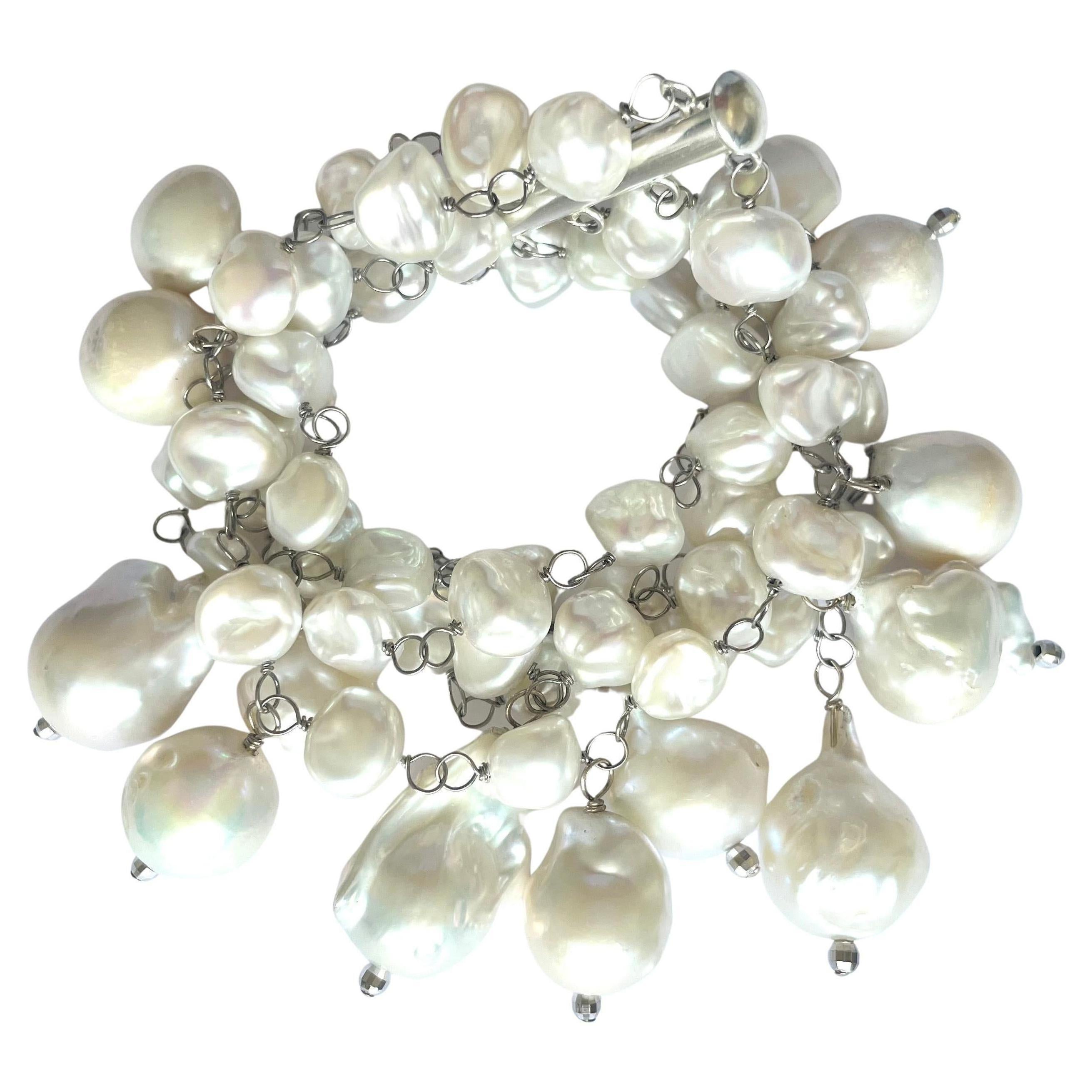Artisan White Baroque Multi Strand Dangle Pearl Bracelet For Sale