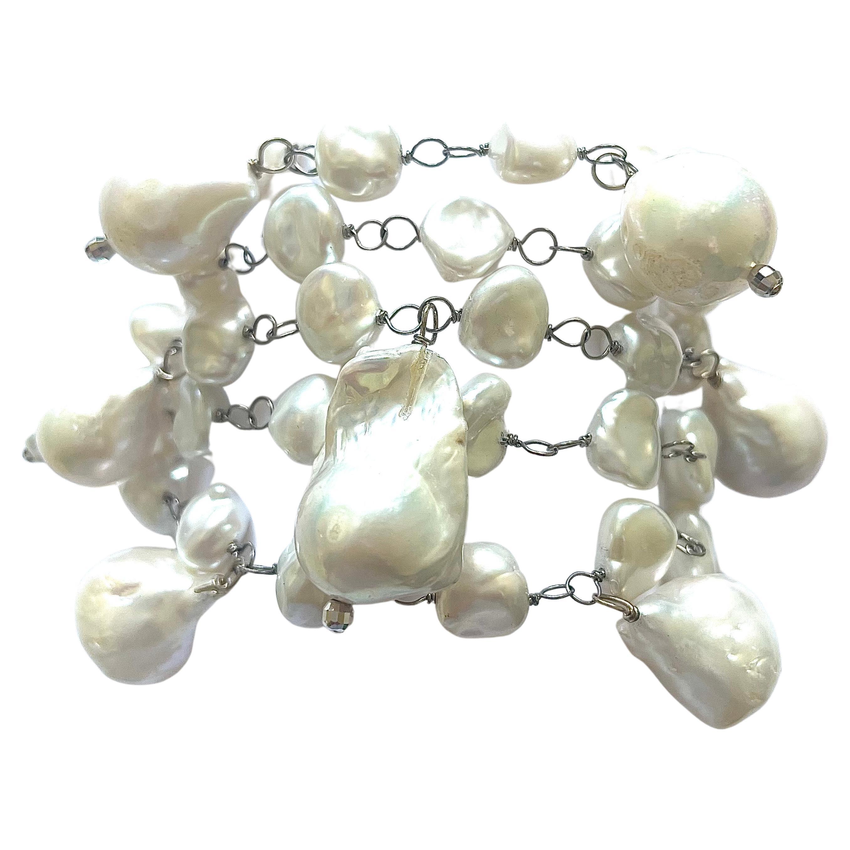 Bead White Baroque Multi Strand Dangle Pearl Bracelet For Sale