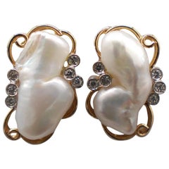 White Baroque Pearl and .36 Carat Diamond Stud Earrings, 14 Karat Gold