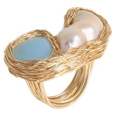White Baroque Pearl & Blue Chalcedony Gold Woven Cocktail Ring by Sheila Westera