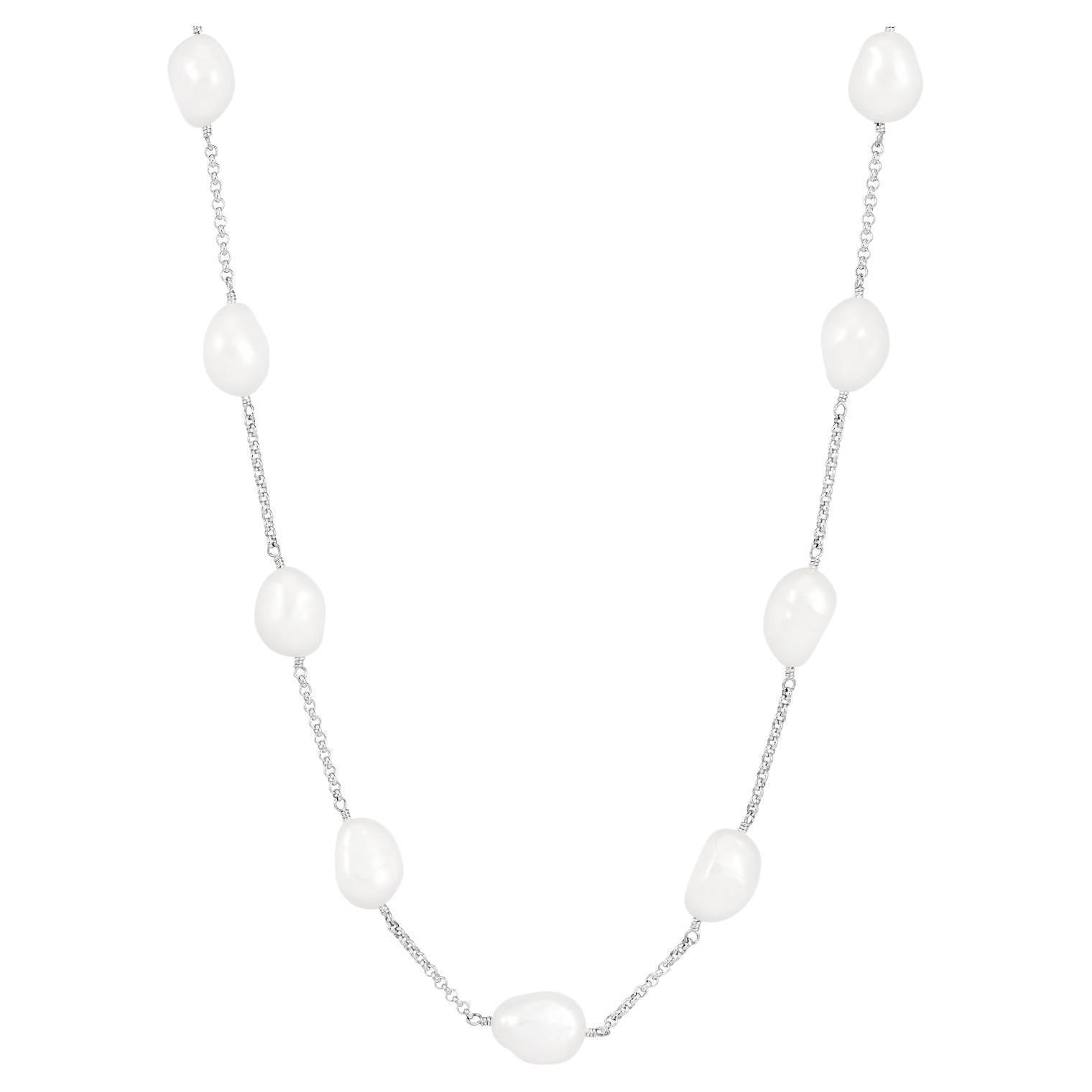 White Baroque Pearl Chain Necklace In Sterling Silvet For Sale