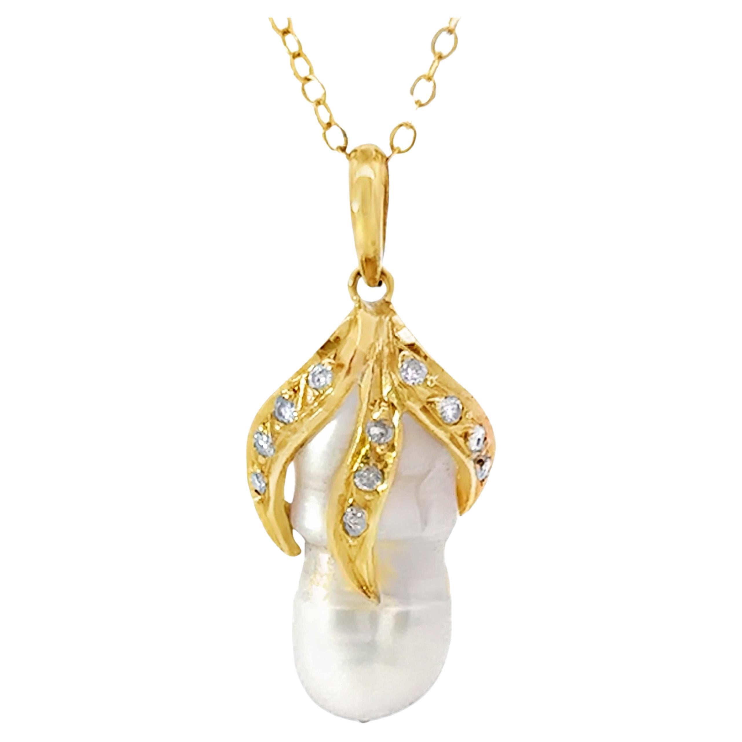 White Baroque Pearl Diamond Pendant Necklace 18k Yellow Gold