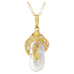 White Baroque Pearl Diamond Pendant Necklace 18k Yellow Gold