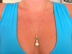 White Baroque Pearl Diamond Sapphire Necklace 18k Yellow Gold