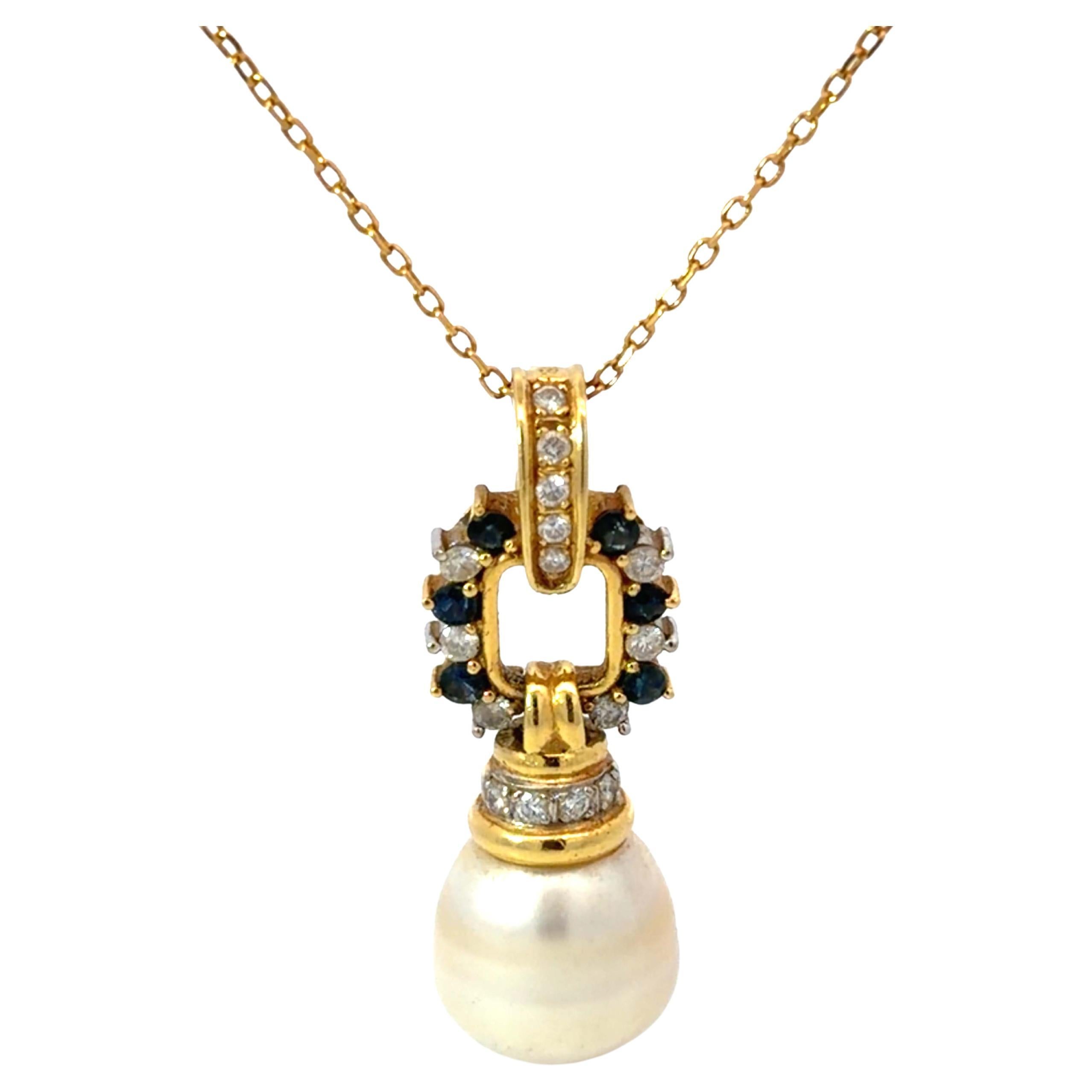 White Baroque Pearl Diamond Sapphire Necklace 18k Yellow Gold For Sale