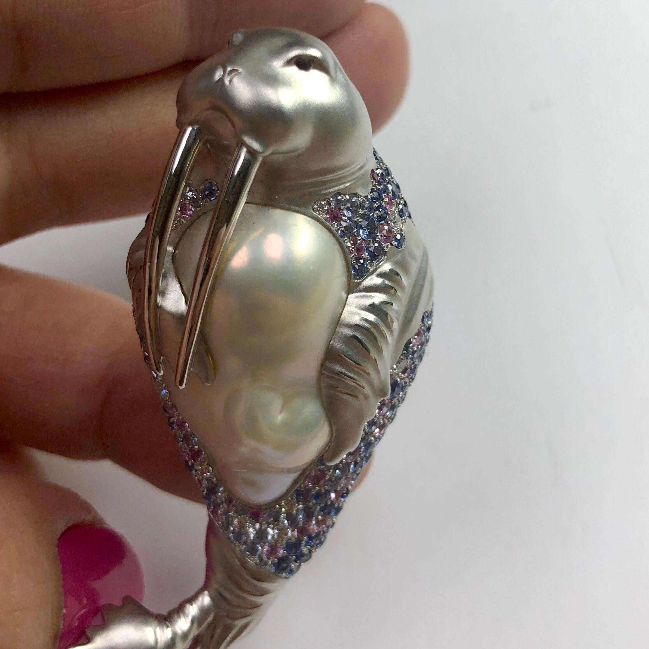White Baroque Pearl, Diamond Sapphires 18 Karat White Gold Walrus Brooch For Sale 5