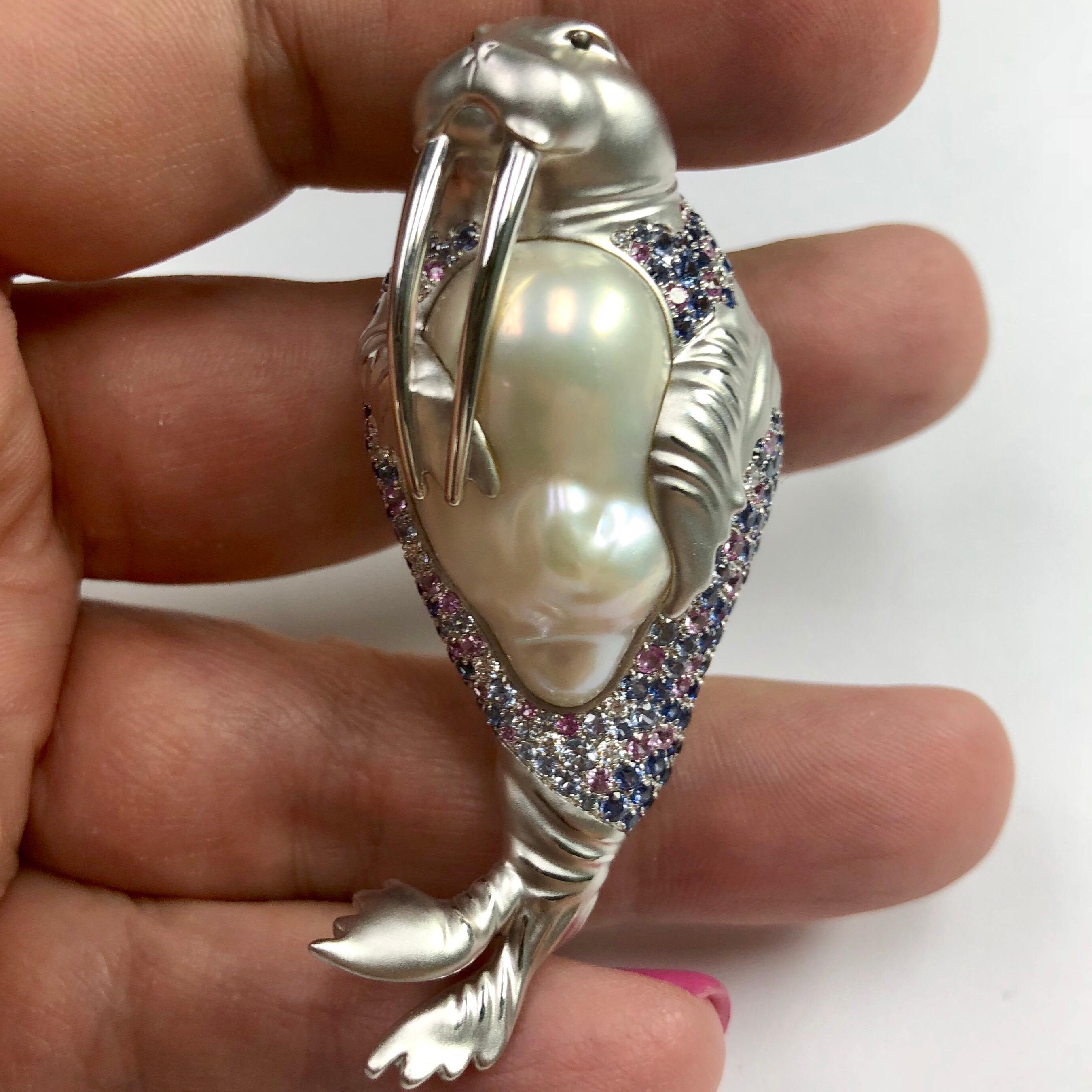Round Cut White Baroque Pearl, Diamond Sapphires 18 Karat White Gold Walrus Brooch For Sale