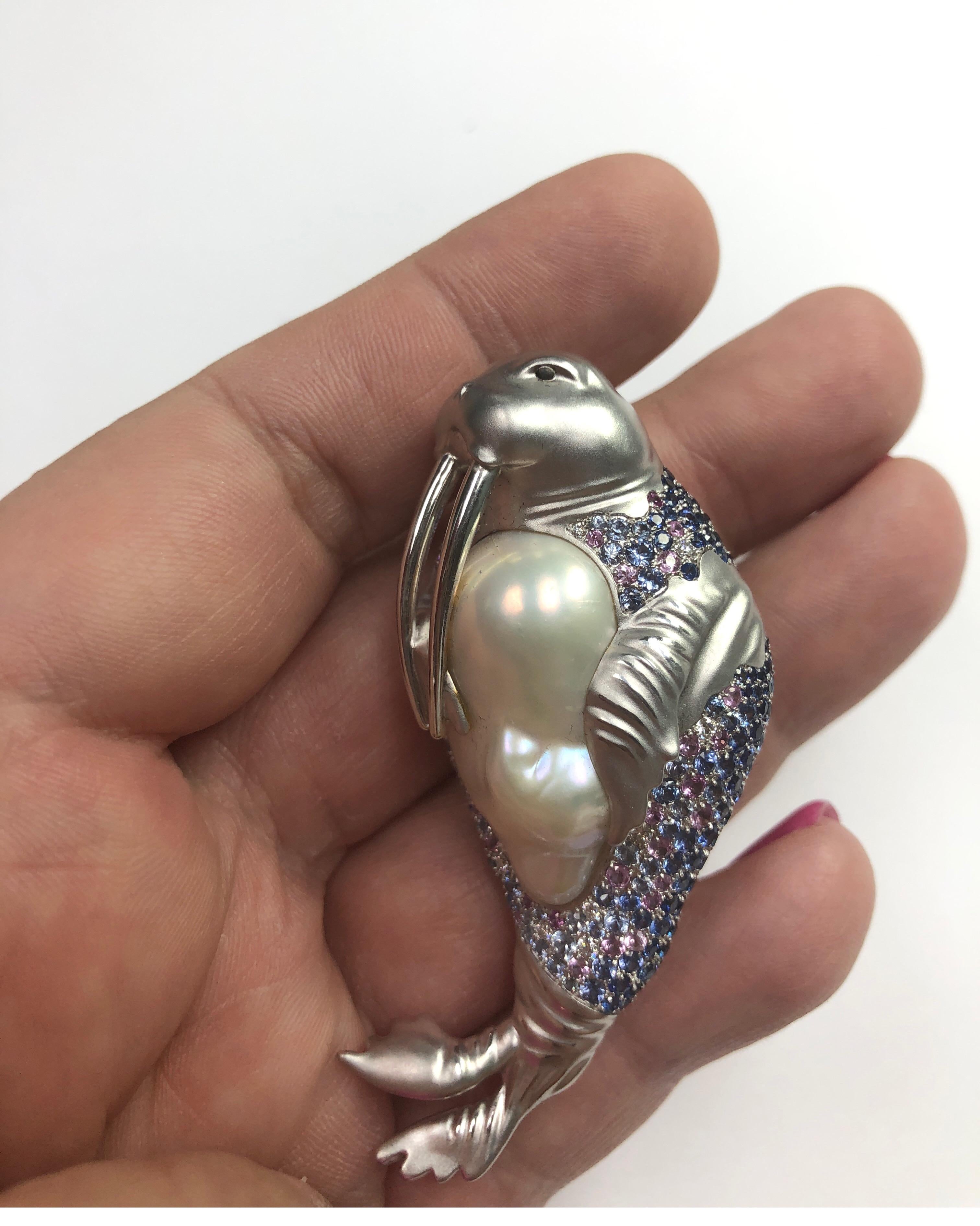 Women's or Men's White Baroque Pearl, Diamond Sapphires 18 Karat White Gold Walrus Brooch For Sale