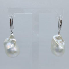 White Baroque Pearl Drop Earrings With 18K White Gold Thick French Hooks