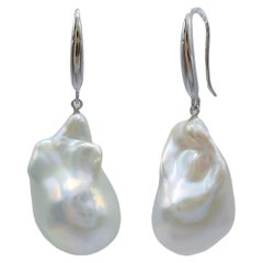 White Baroque Pearl Drop Earrings With 18K White Gold Thick French Hooks