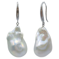 White Baroque Pearl Drop Earrings With 18K White Gold Thick French Hooks
