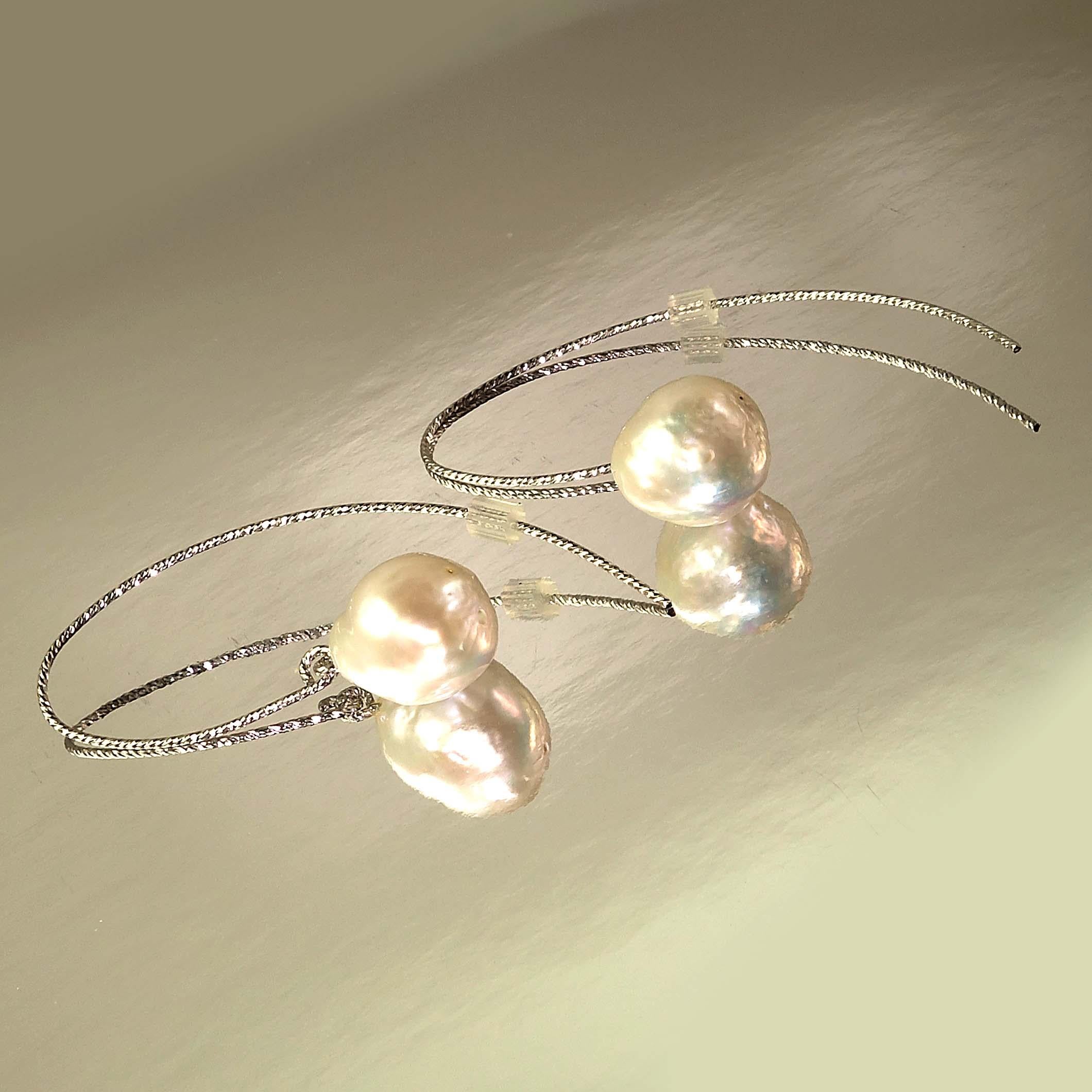 Artisan Gemjunky White Baroque Pearl on Long Sterling Silver Wire Hook Earrings