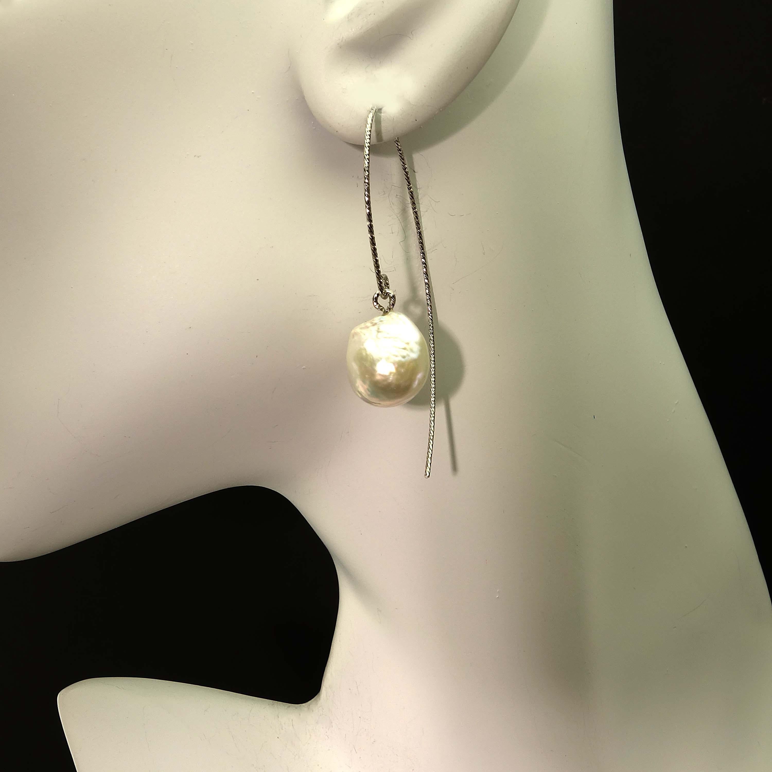 Bead Gemjunky White Baroque Pearl on Long Sterling Silver Wire Hook Earrings