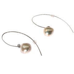 Gemjunky White Baroque Pearl on Long Sterling Silver Wire Hook Earrings