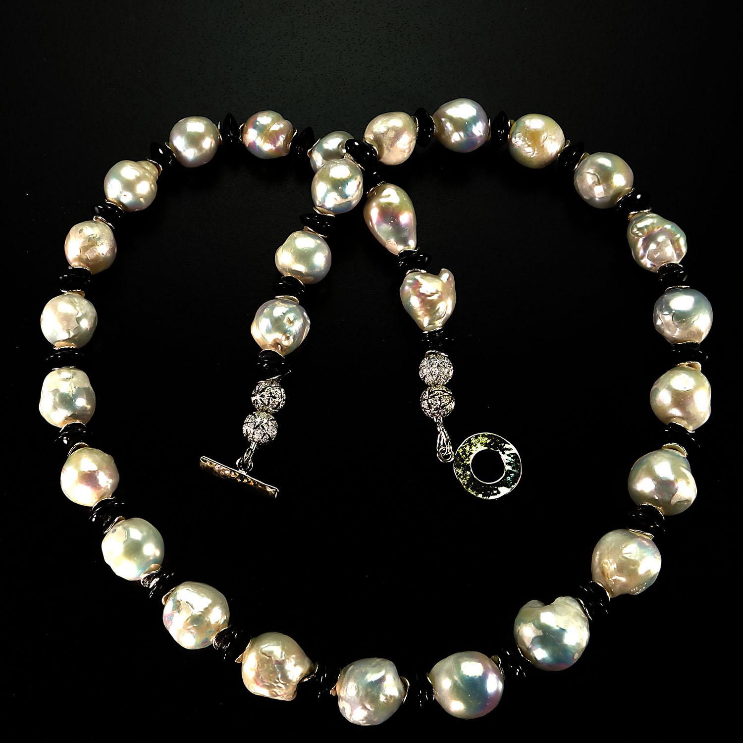 AJD White Baroque Pearl Black Tourmaline Accents Necklace June Birthstone In New Condition In Raleigh, NC