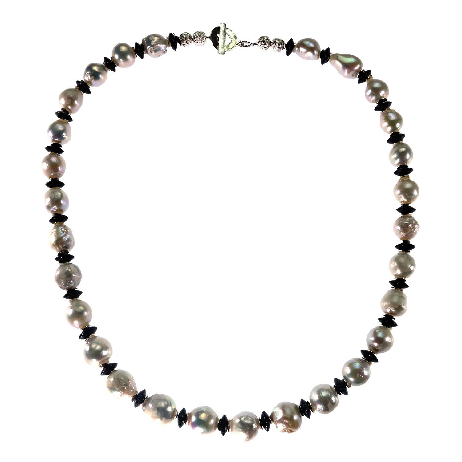 Women's or Men's AJD White Baroque Pearl Black Tourmaline Accents Necklace June Birthstone
