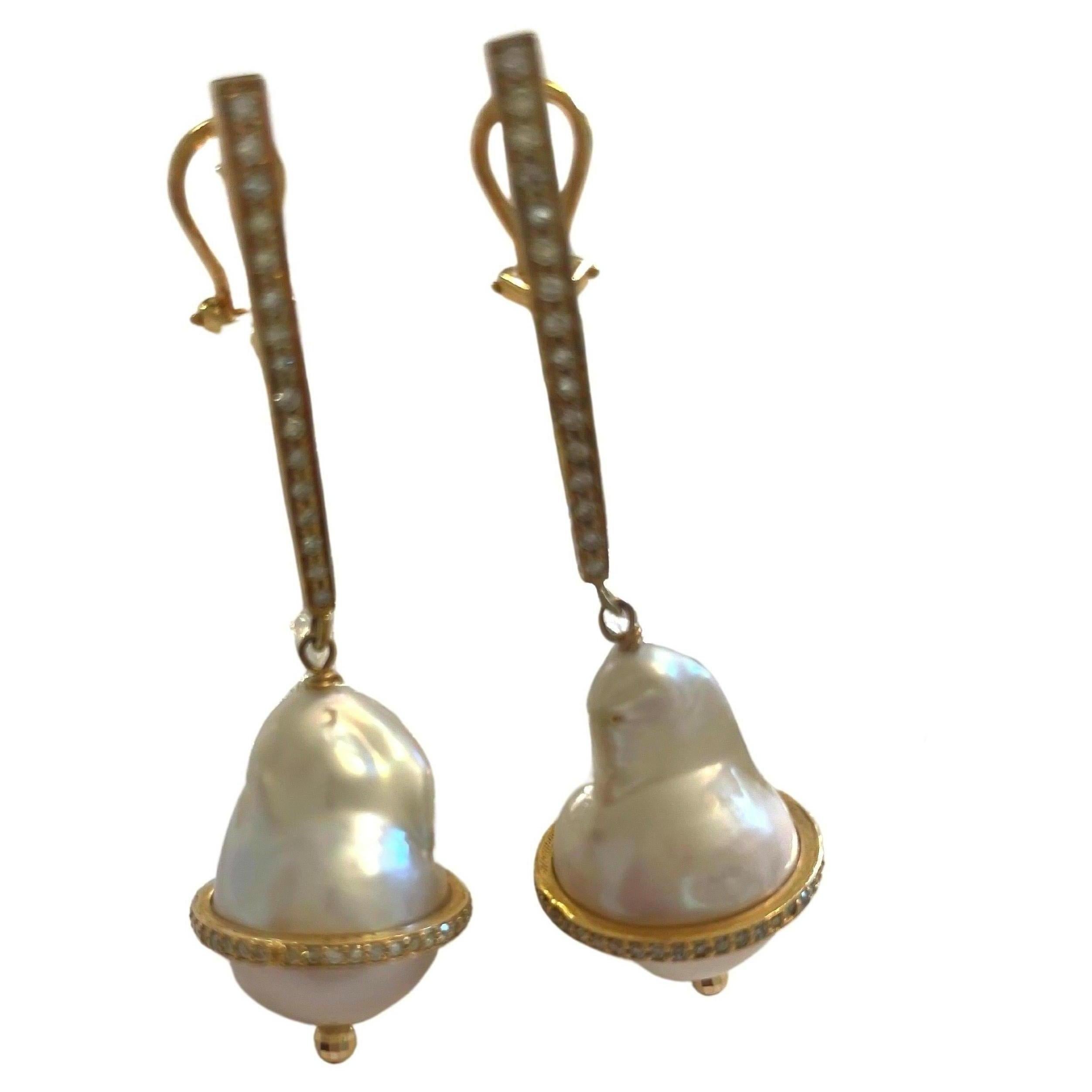 Artisan White Baroque Pearl with Diamonds Earrings For Sale