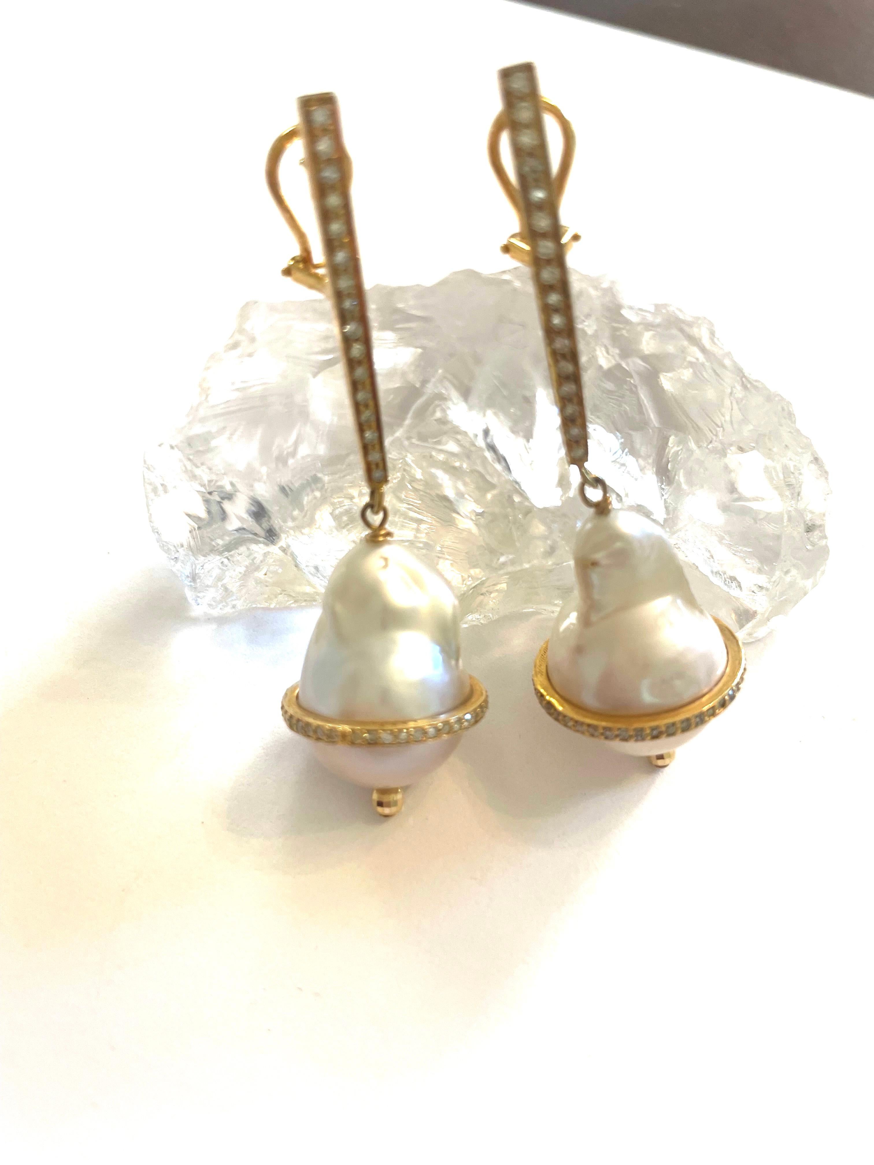 Bead White Baroque Pearl with Diamonds Earrings For Sale