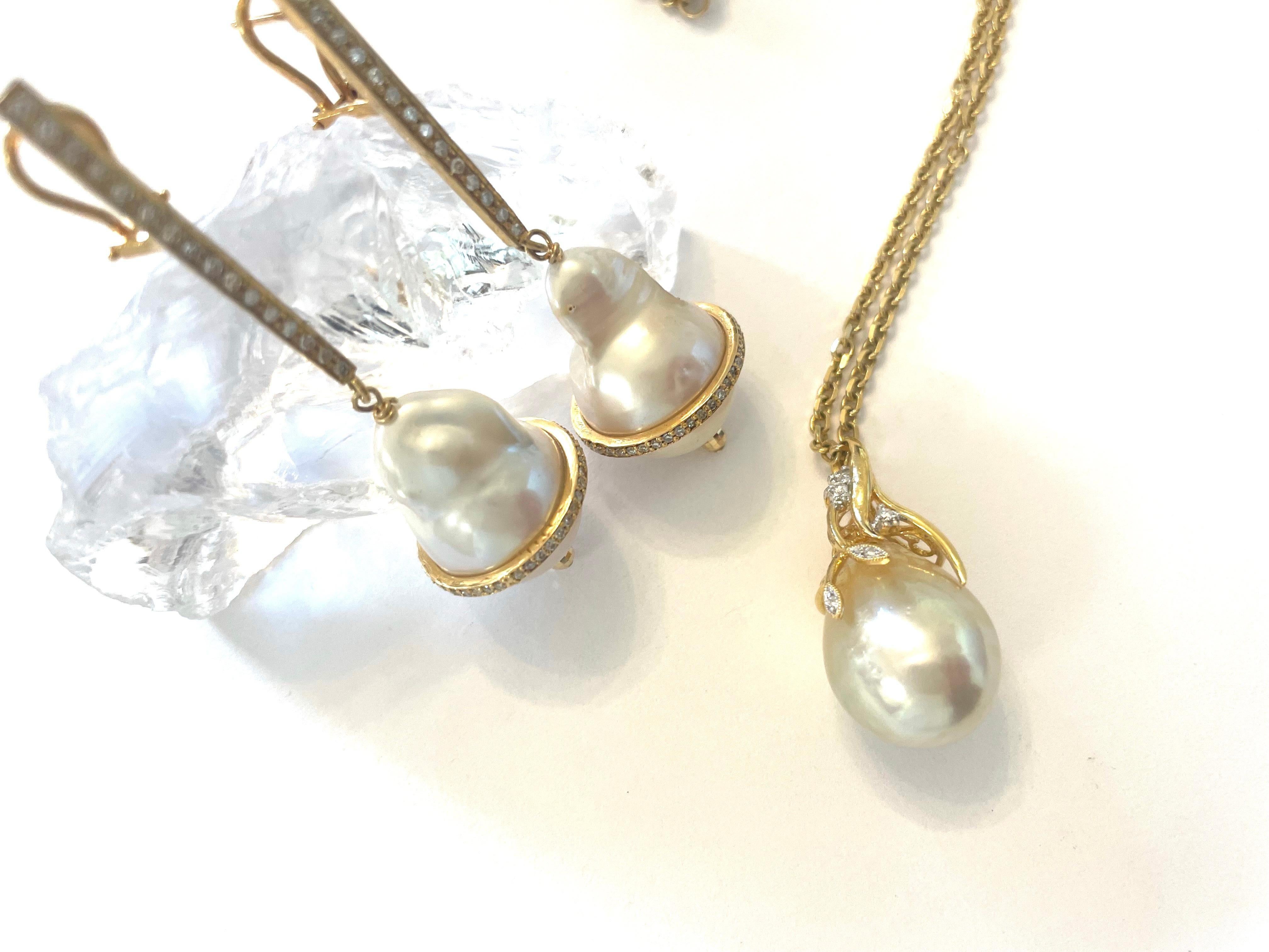 Women's White Baroque Pearl with Diamonds Earrings For Sale