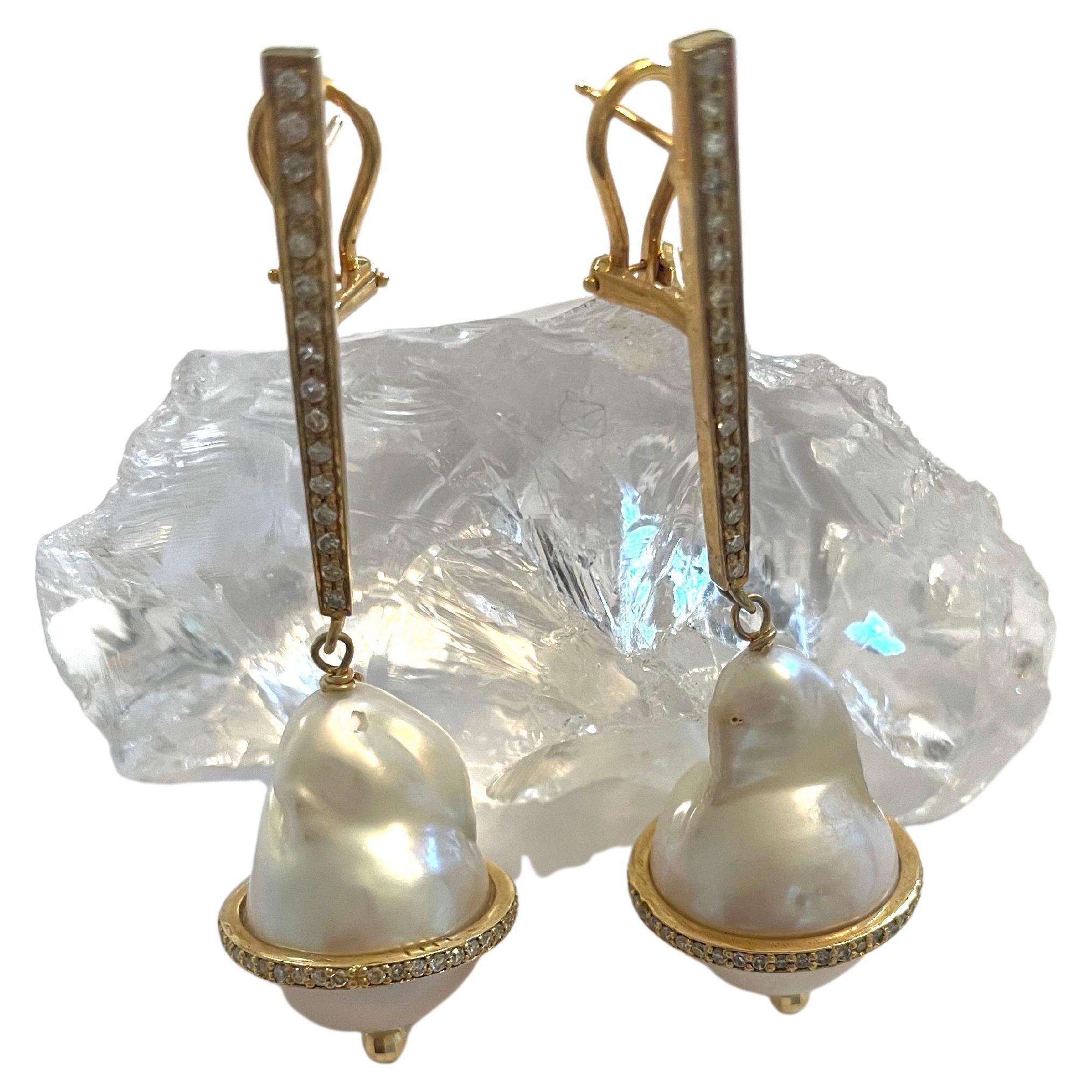 White Baroque Pearl with Diamonds Earrings For Sale