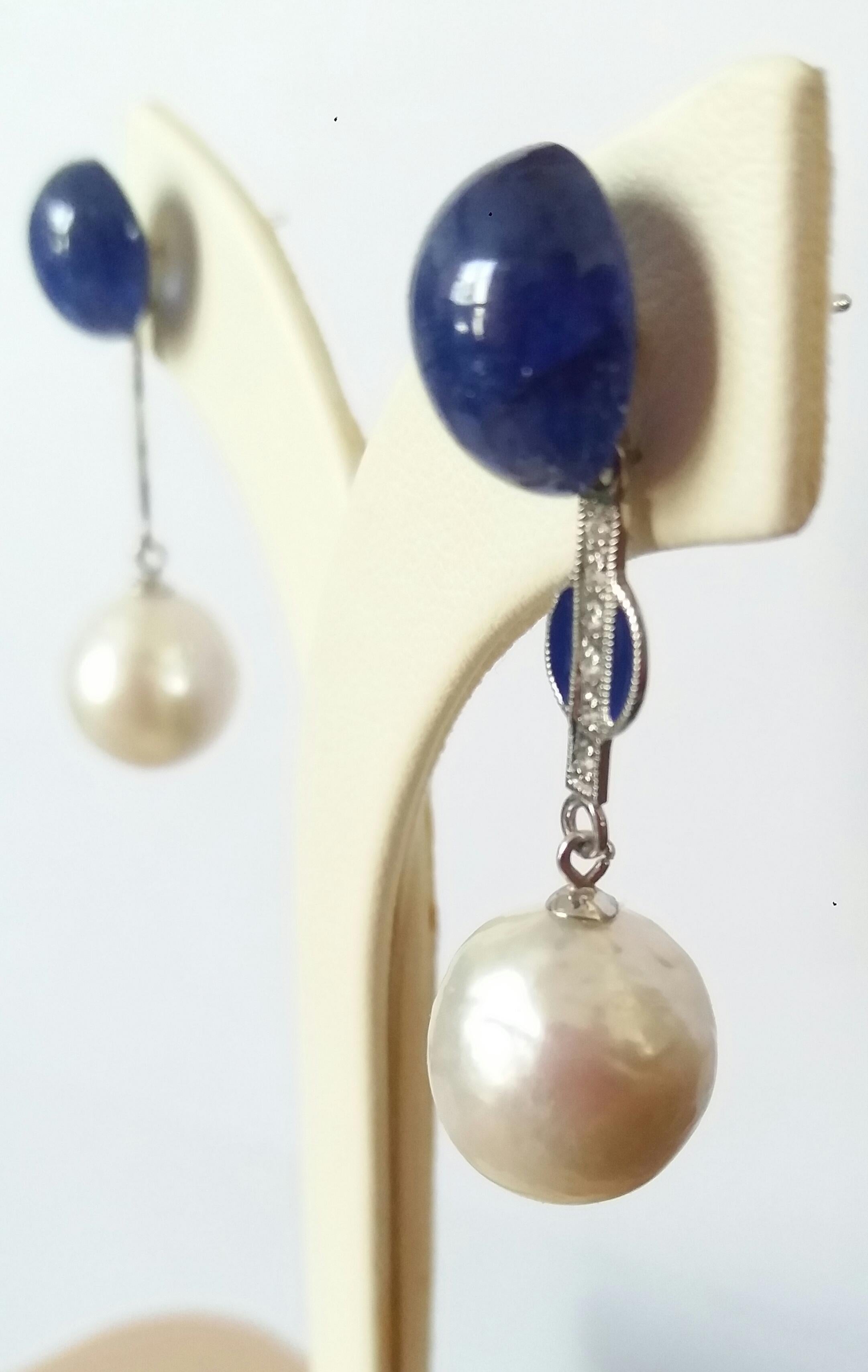 Art Deco White Baroque Pearls Gold Diamonds Blue Sapphire Cab Blue Enamel Earrings For Sale