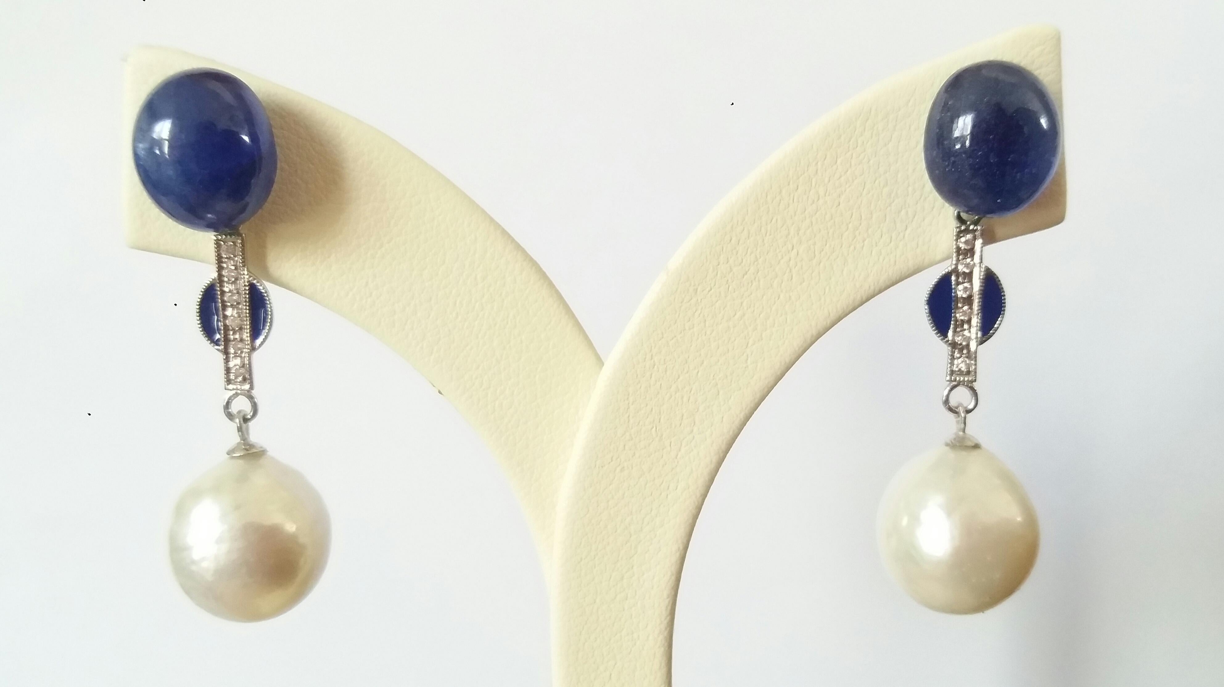 Cabochon White Baroque Pearls Gold Diamonds Blue Sapphire Cab Blue Enamel Earrings For Sale