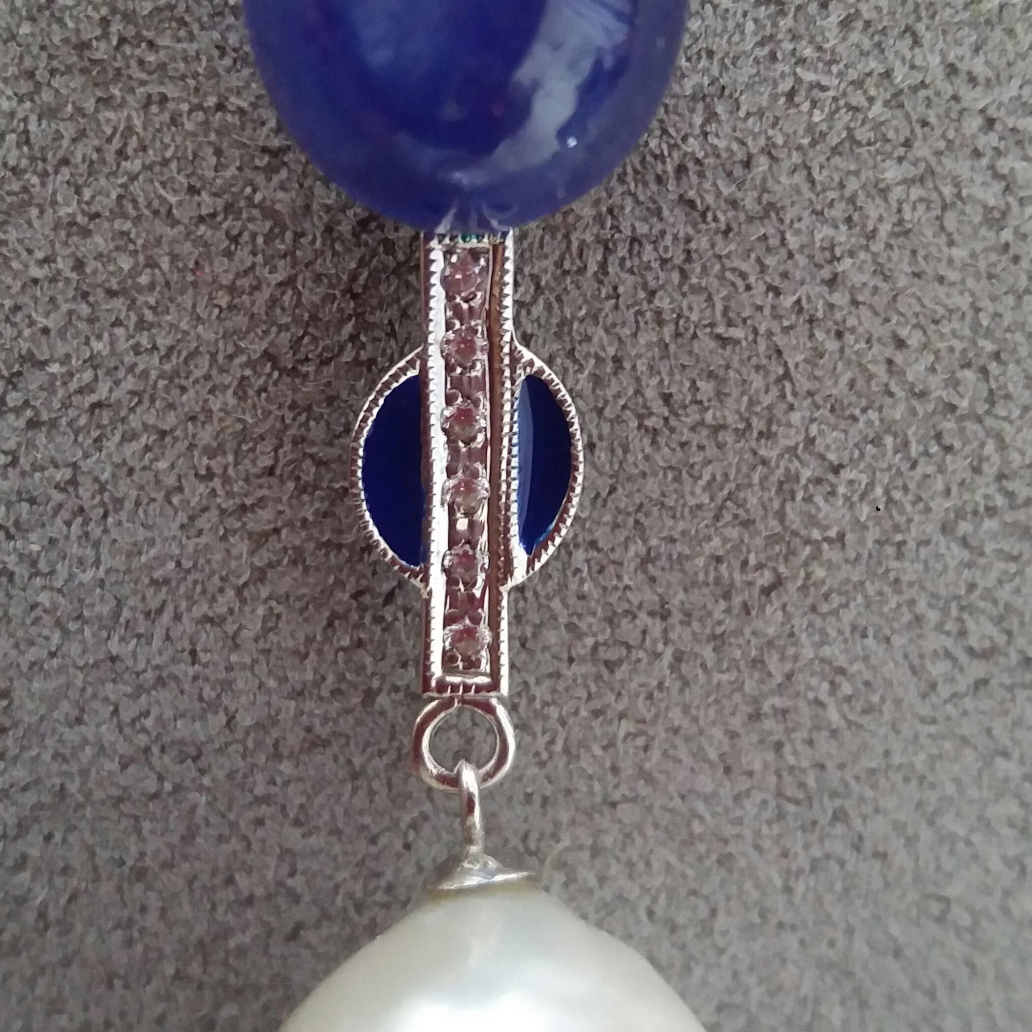 White Baroque Pearls Gold Diamonds Blue Sapphire Cab Blue Enamel Earrings In Good Condition For Sale In Bangkok, TH