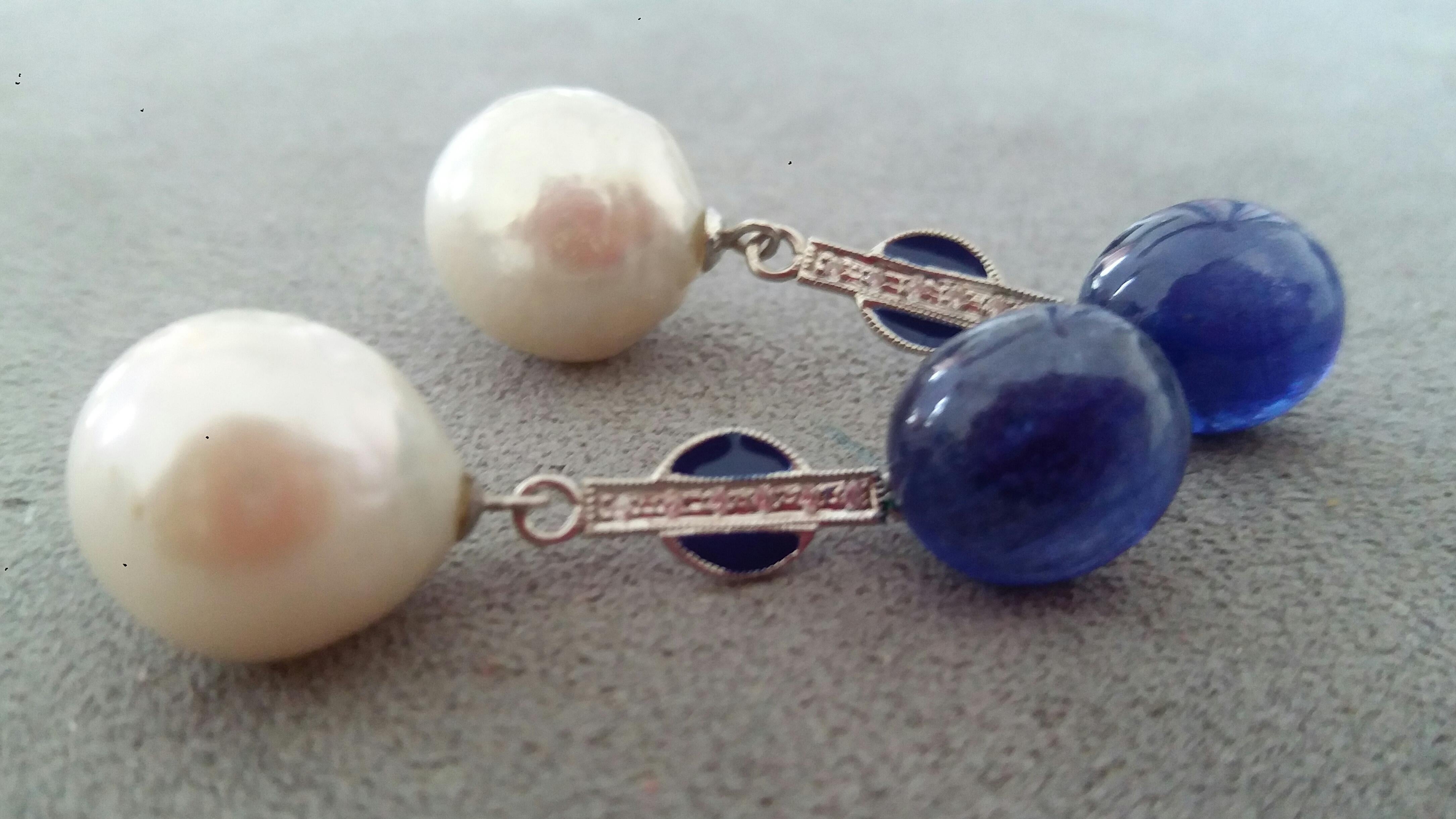 Women's White Baroque Pearls Gold Diamonds Blue Sapphire Cab Blue Enamel Earrings For Sale